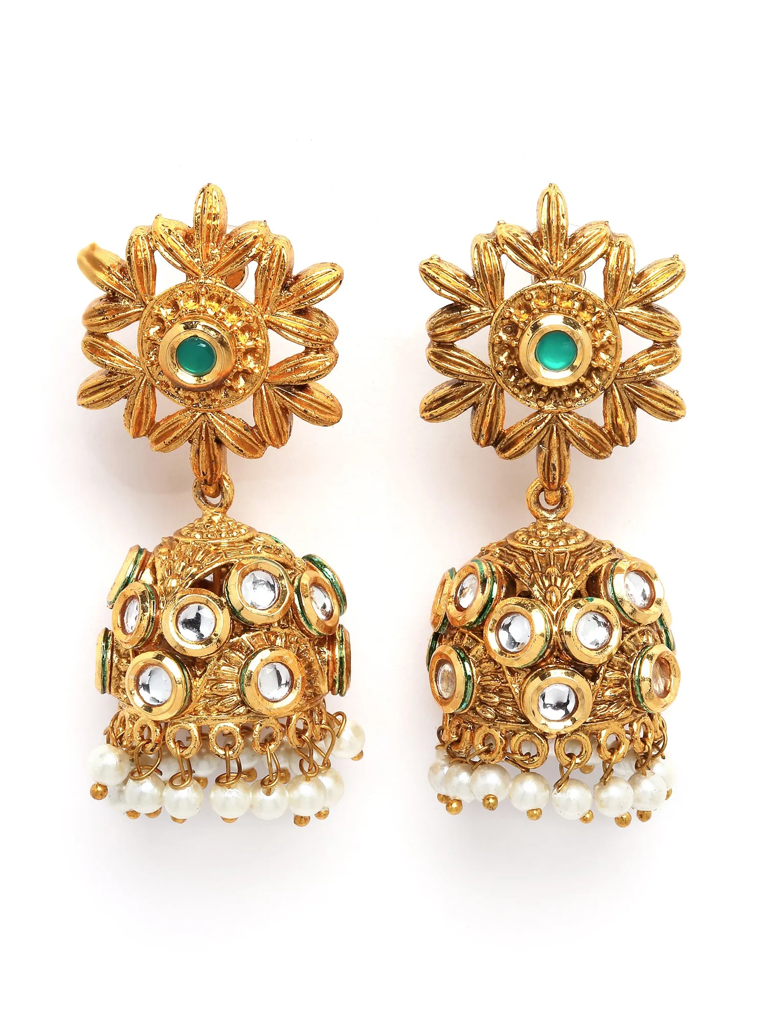 Karatcart Gold Plated Green Floral Polki Kundan Studded Jhumki Earrings for Women