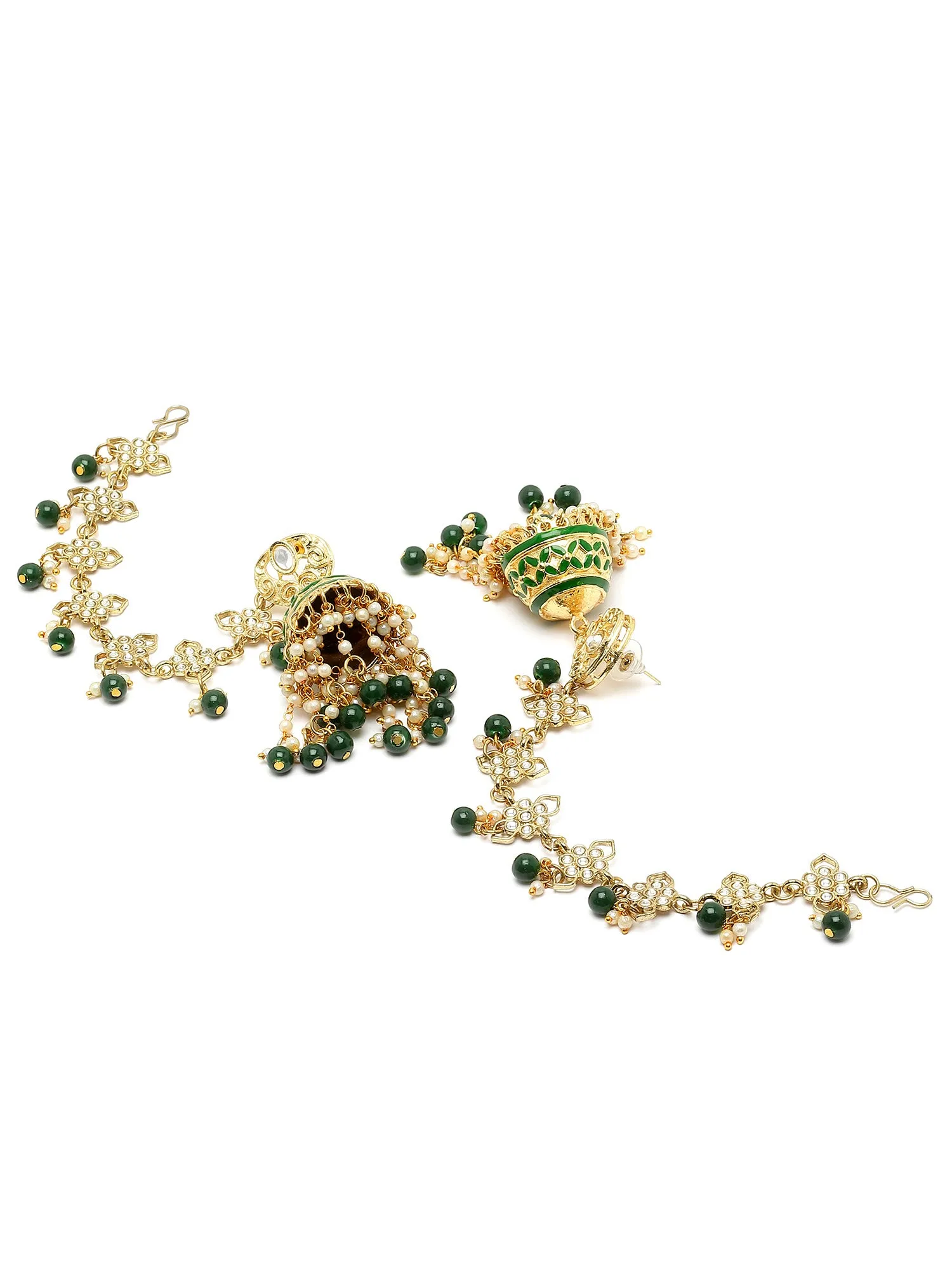 Karatcart Gold Plated Green Meena and Beads Kundan Kaanchain Jhumki Earrings for Women