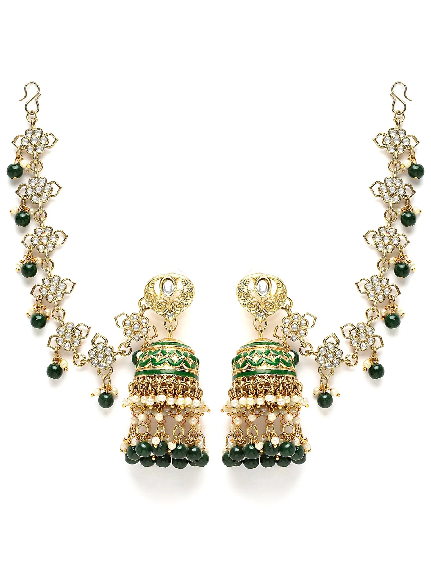 Karatcart Gold Plated Green Meena and Beads Kundan Kaanchain Jhumki Earrings for Women