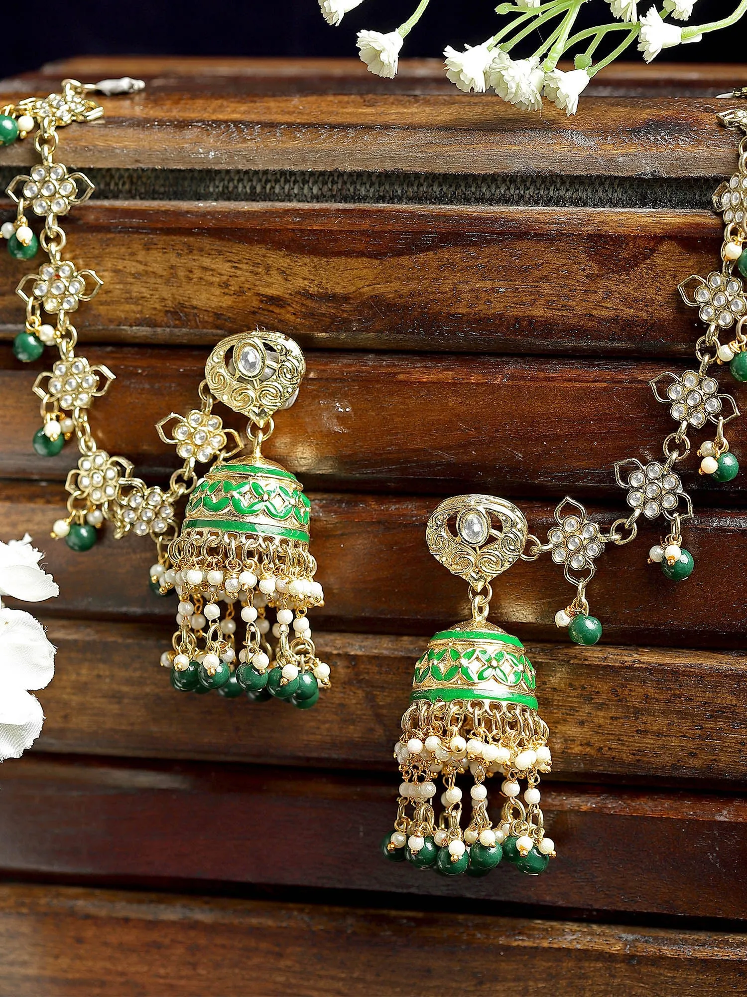 Karatcart Gold Plated Green Meena and Beads Kundan Kaanchain Jhumki Earrings for Women