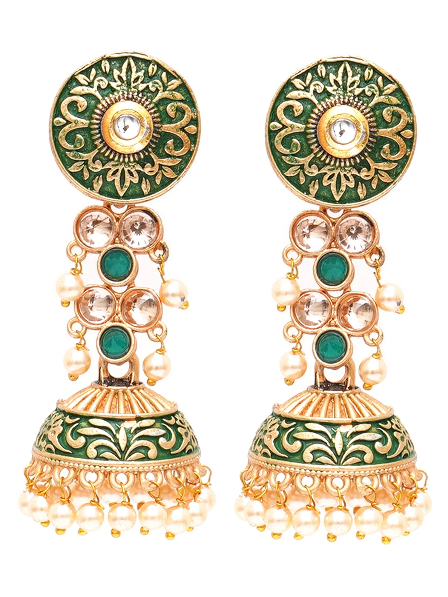 Karatcart Gold Plated Green Meena and Pearl Studded Jhumki Earrings for Women