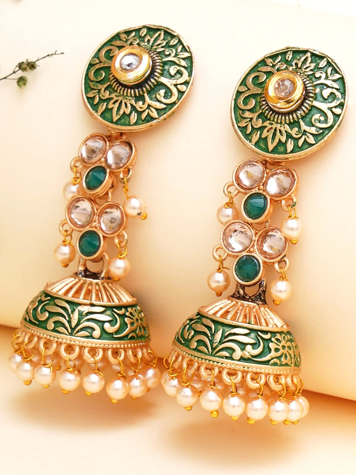 Karatcart Gold Plated Green Meena and Pearl Studded Jhumki Earrings for Women