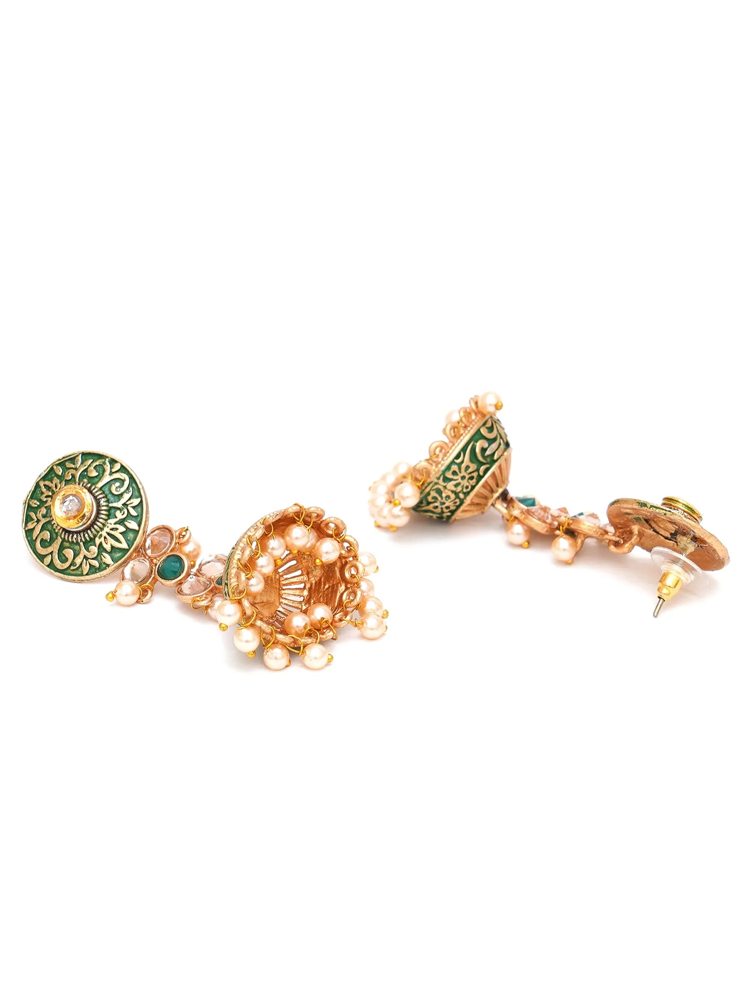 Karatcart Gold Plated Green Meena and Pearl Studded Jhumki Earrings for Women