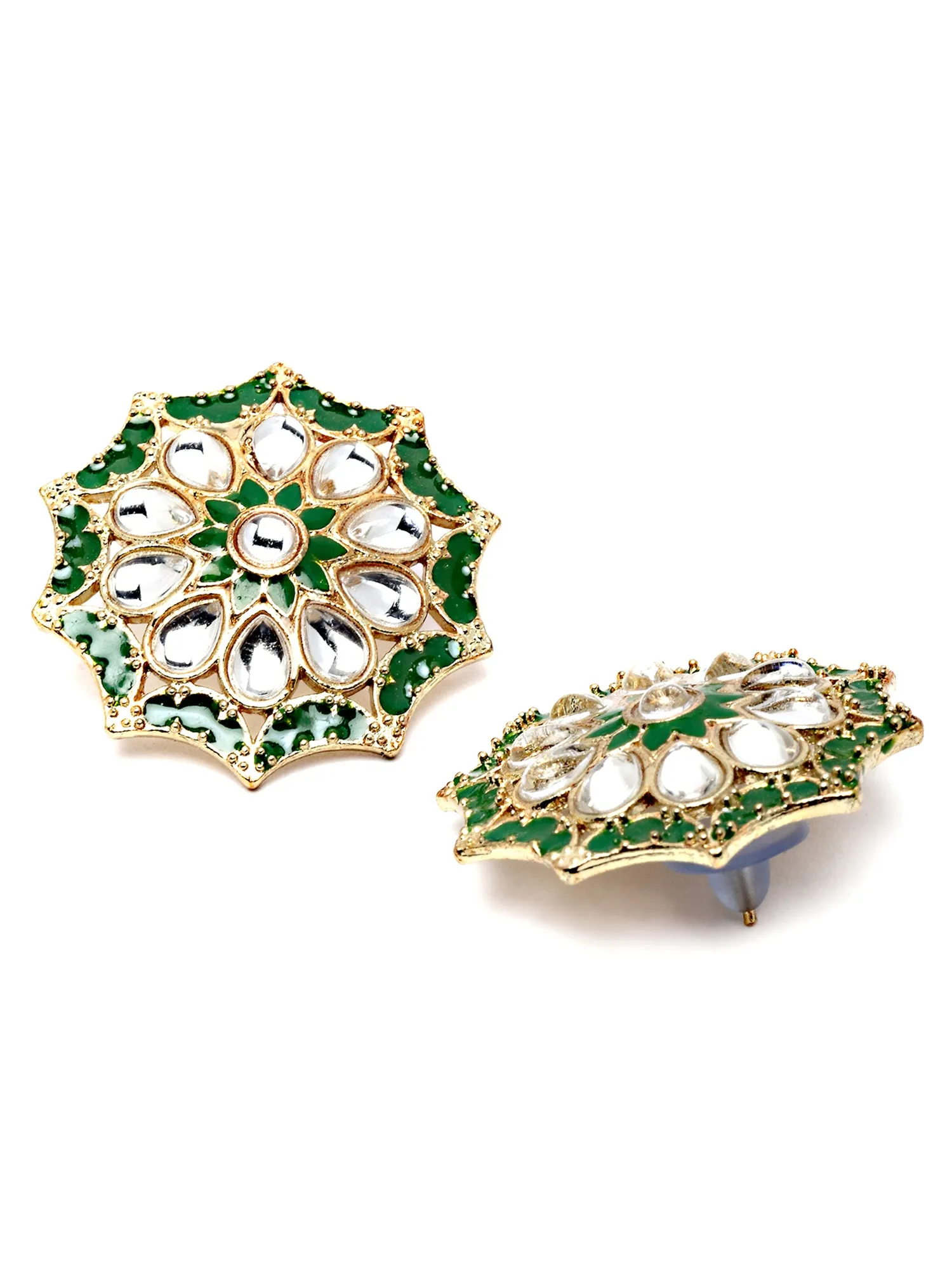 Karatcart Gold Plated Green Meena and White Kundan Stud Earrings for Women