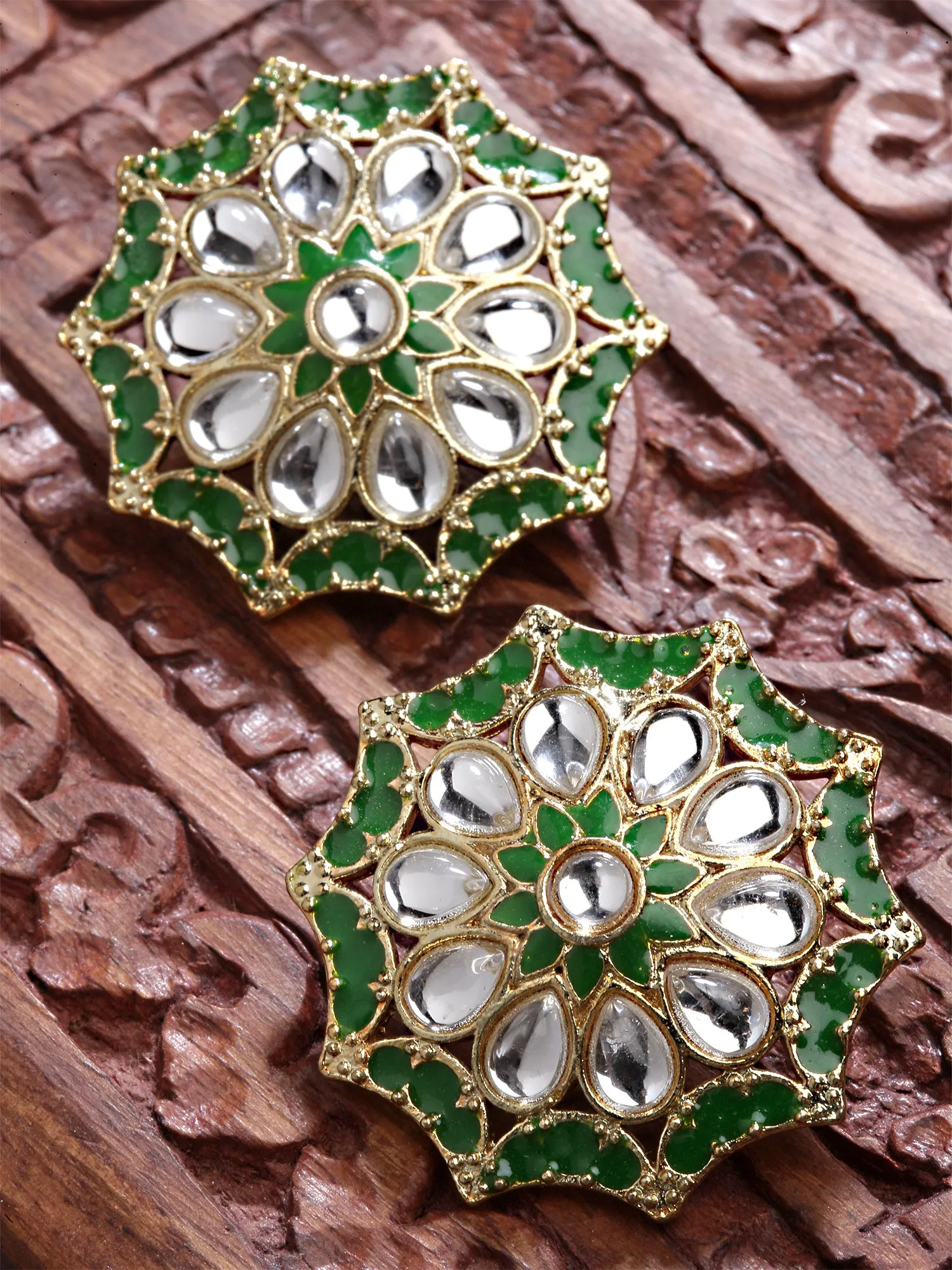 Karatcart Gold Plated Green Meena and White Kundan Stud Earrings for Women