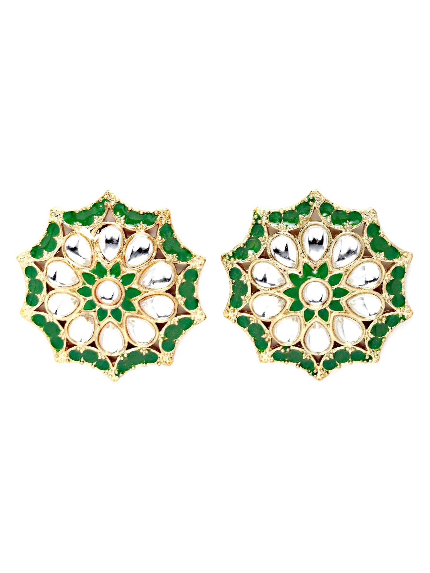 Karatcart Gold Plated Green Meena and White Kundan Stud Earrings for Women