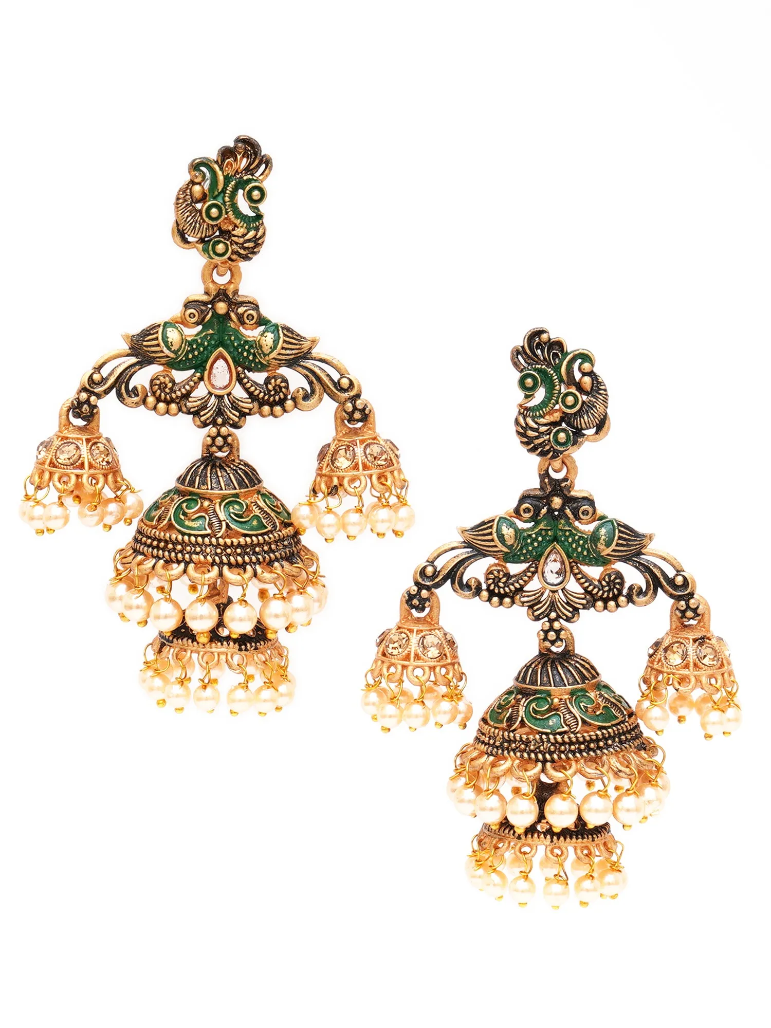 Karatcart Gold Plated Green Meena Double Jhumki Earrings for Women
