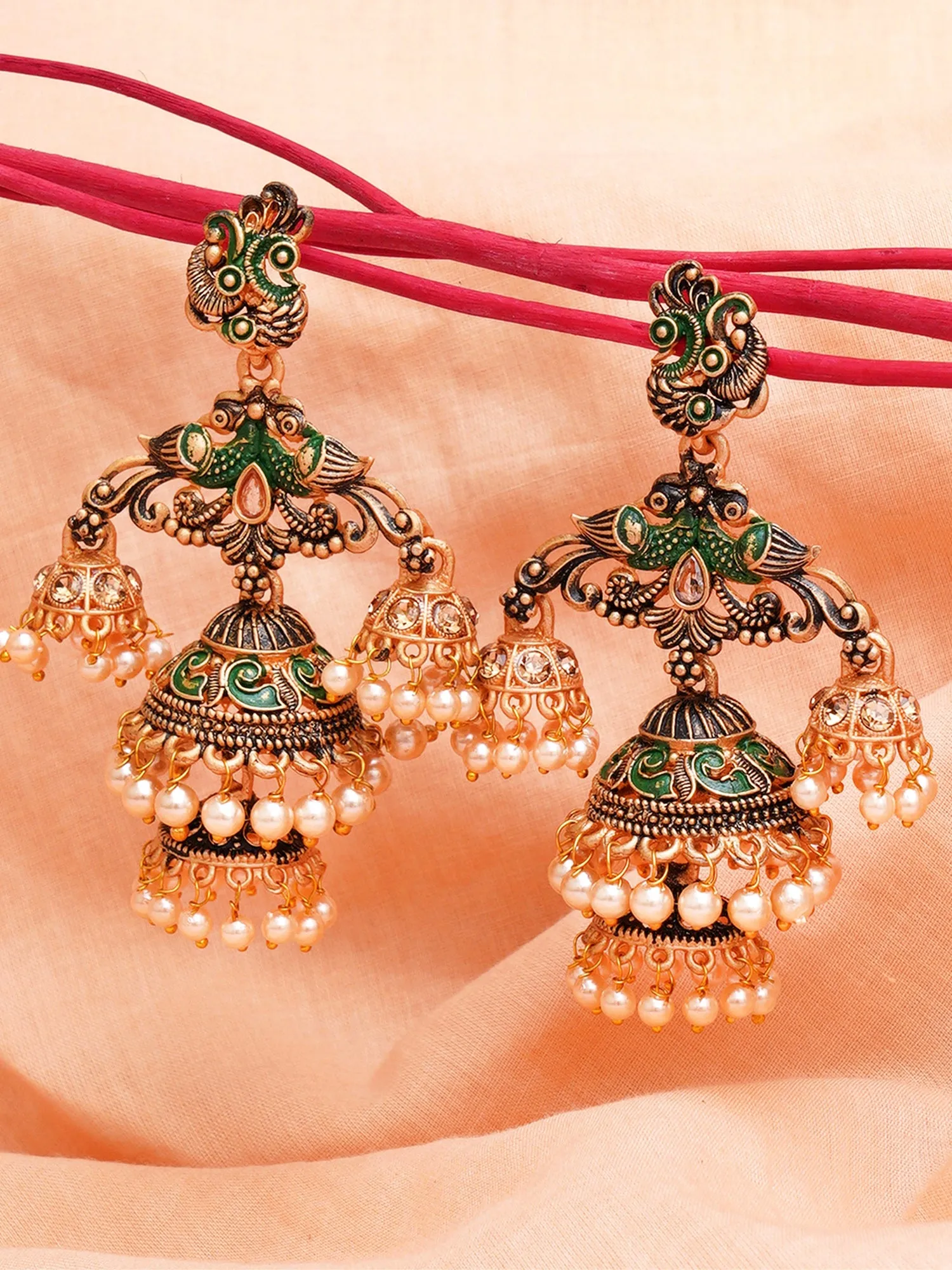 Karatcart Gold Plated Green Meena Double Jhumki Earrings for Women
