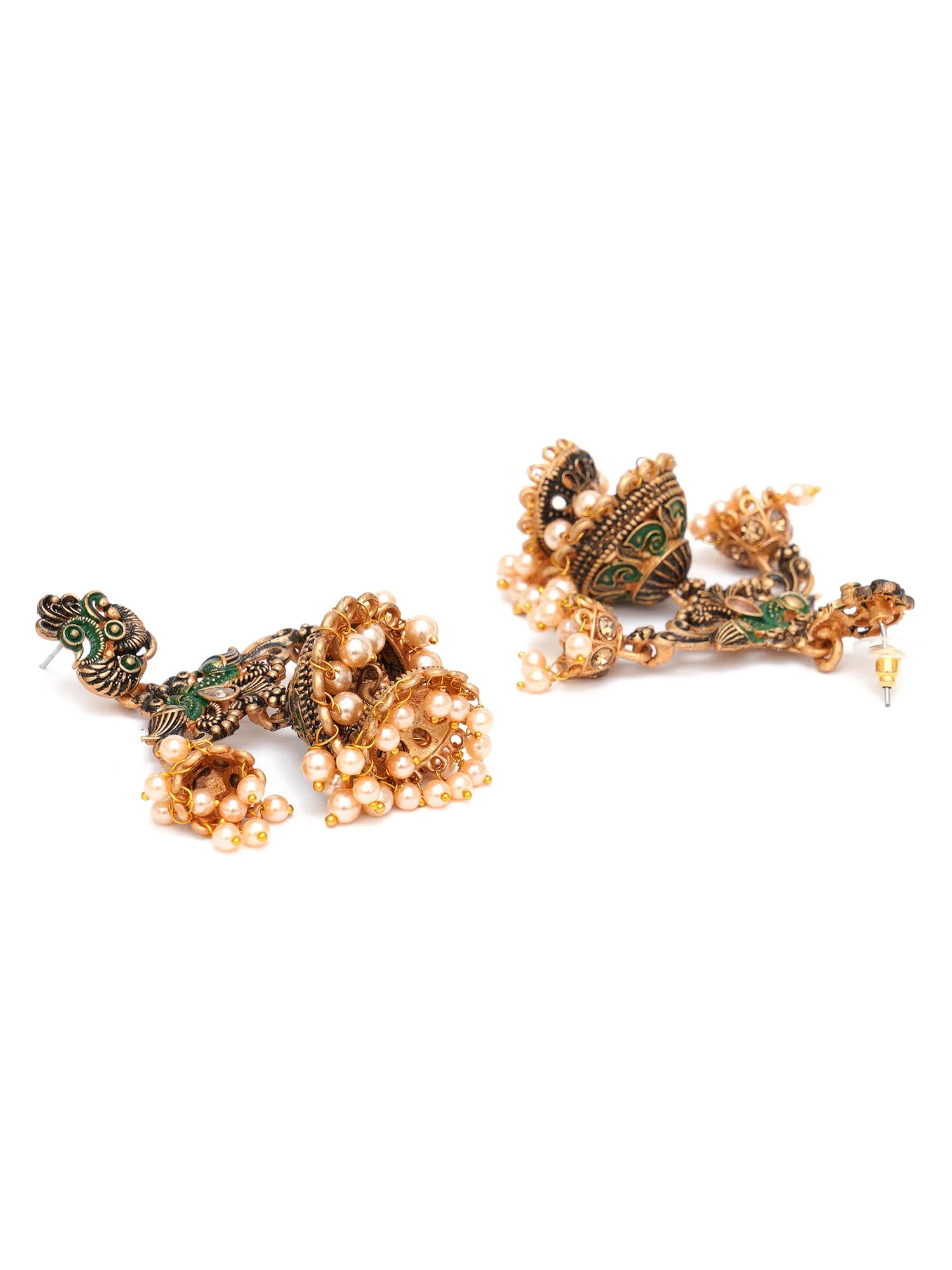 Karatcart Gold Plated Green Meena Double Jhumki Earrings for Women