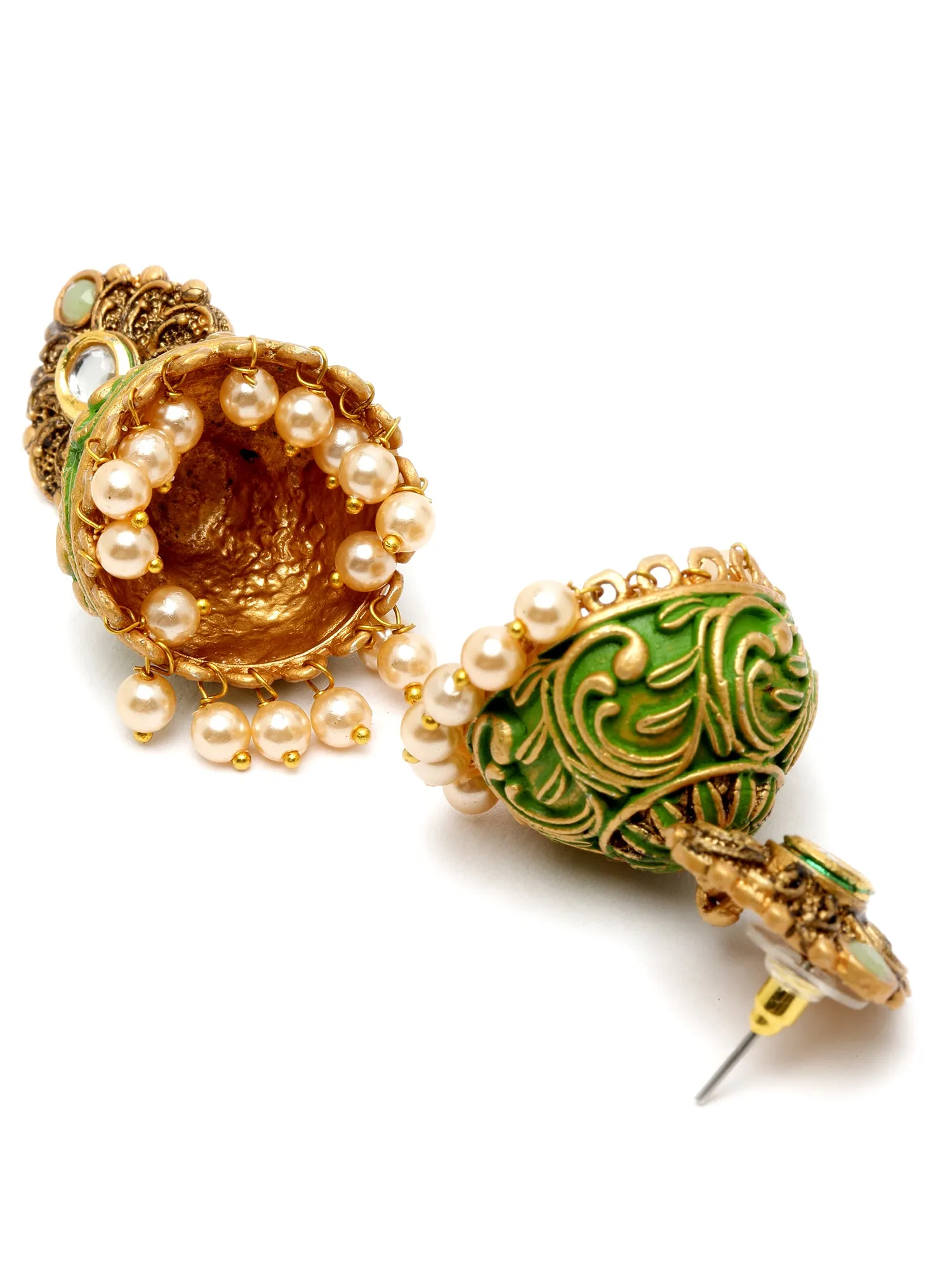 Karatcart Gold Plated Green Meena Golden Pearl Jhumki Earrings for Women