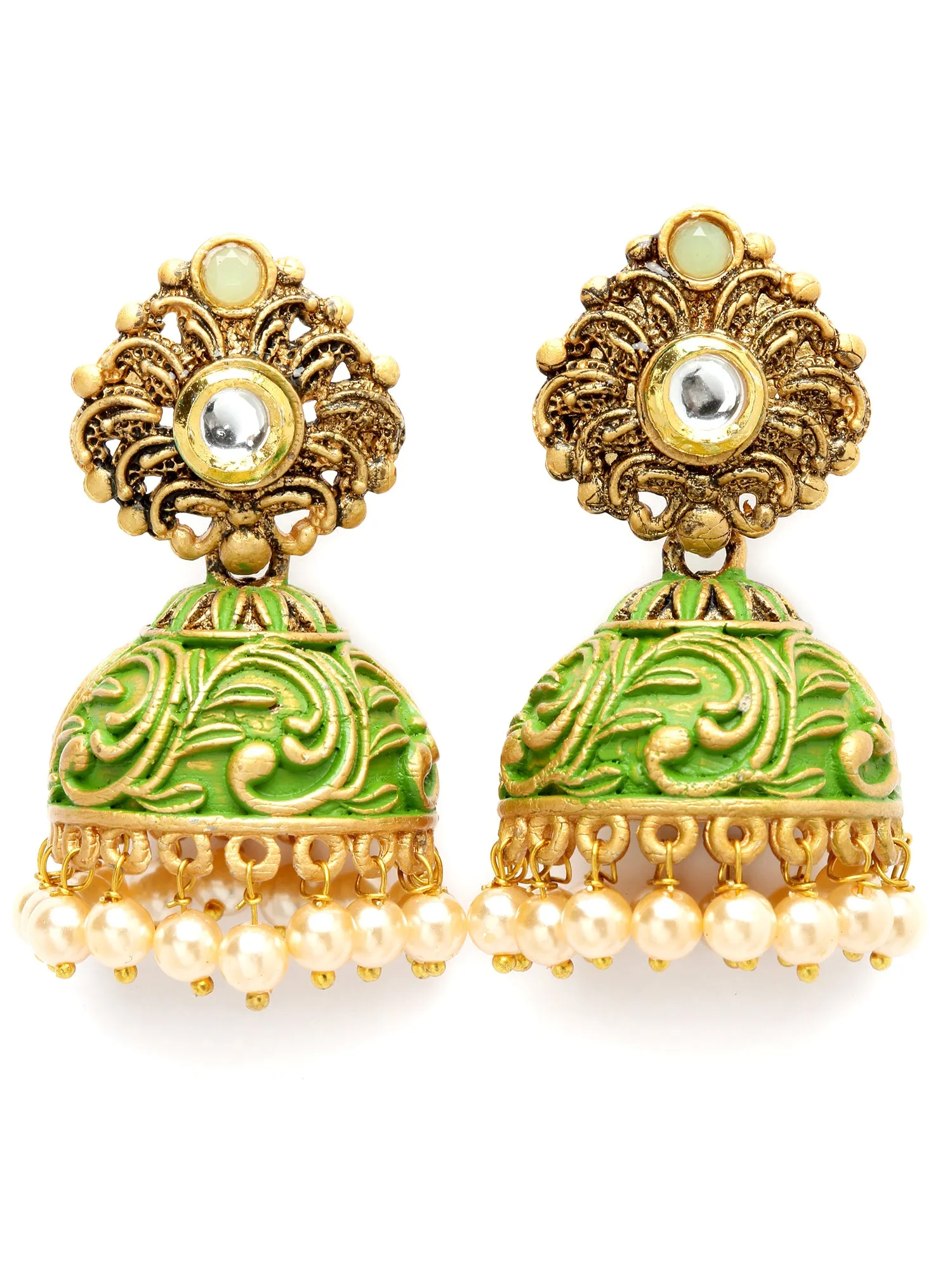 Karatcart Gold Plated Green Meena Golden Pearl Jhumki Earrings for Women