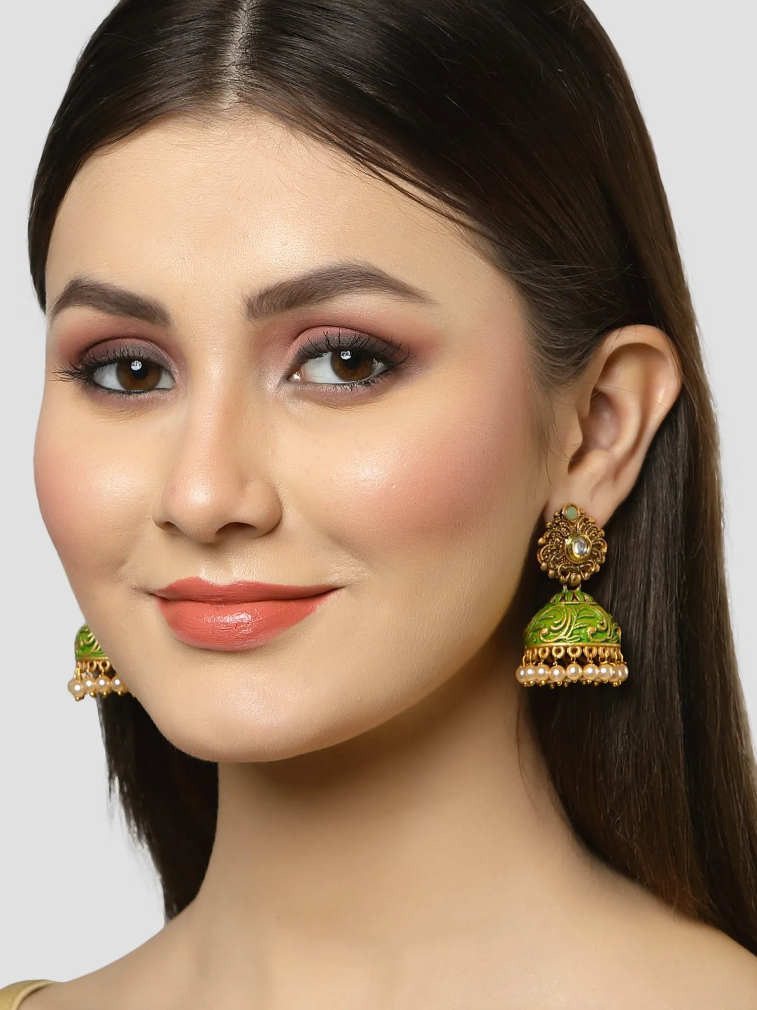 Karatcart Gold Plated Green Meena Golden Pearl Jhumki Earrings for Women