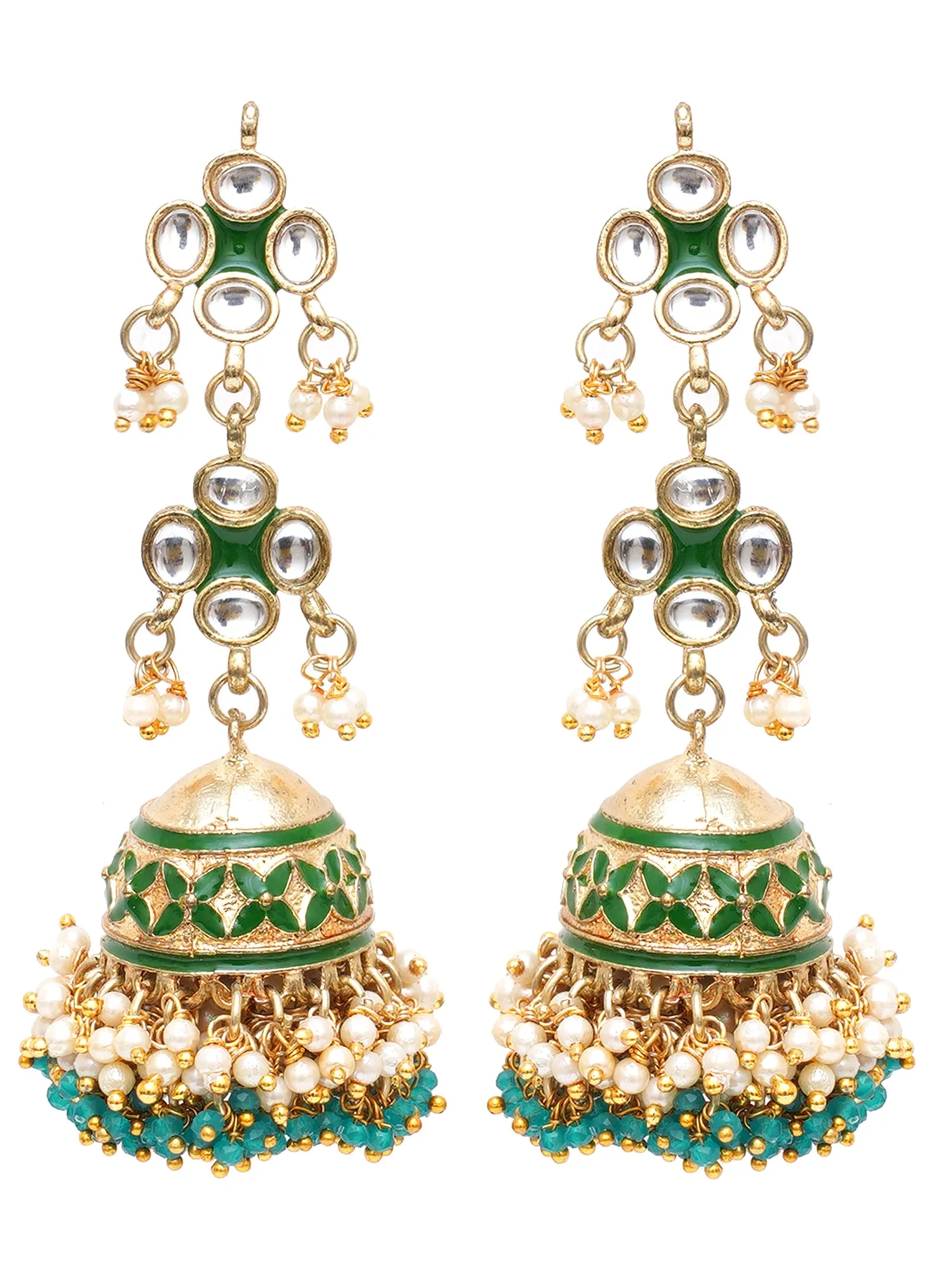 Karatcart Gold Plated Green Meena Handcrafted Kundan Jhumki Earrings for Women