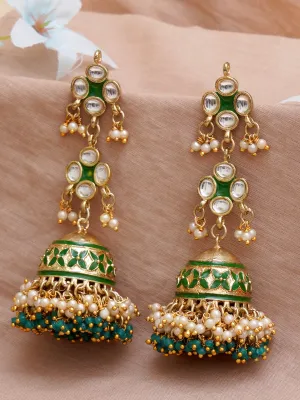 Karatcart Gold Plated Green Meena Handcrafted Kundan Jhumki Earrings for Women