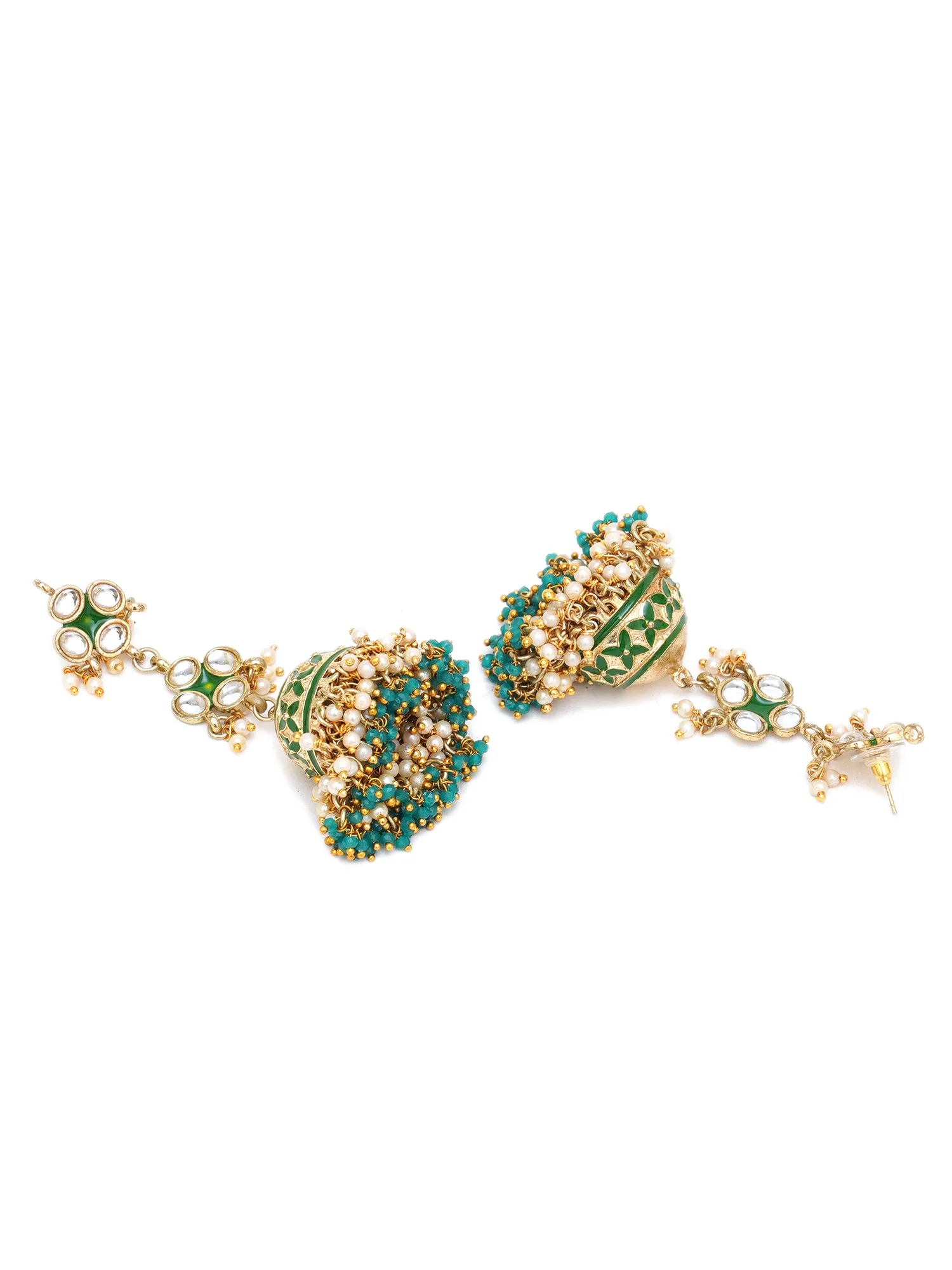 Karatcart Gold Plated Green Meena Handcrafted Kundan Jhumki Earrings for Women