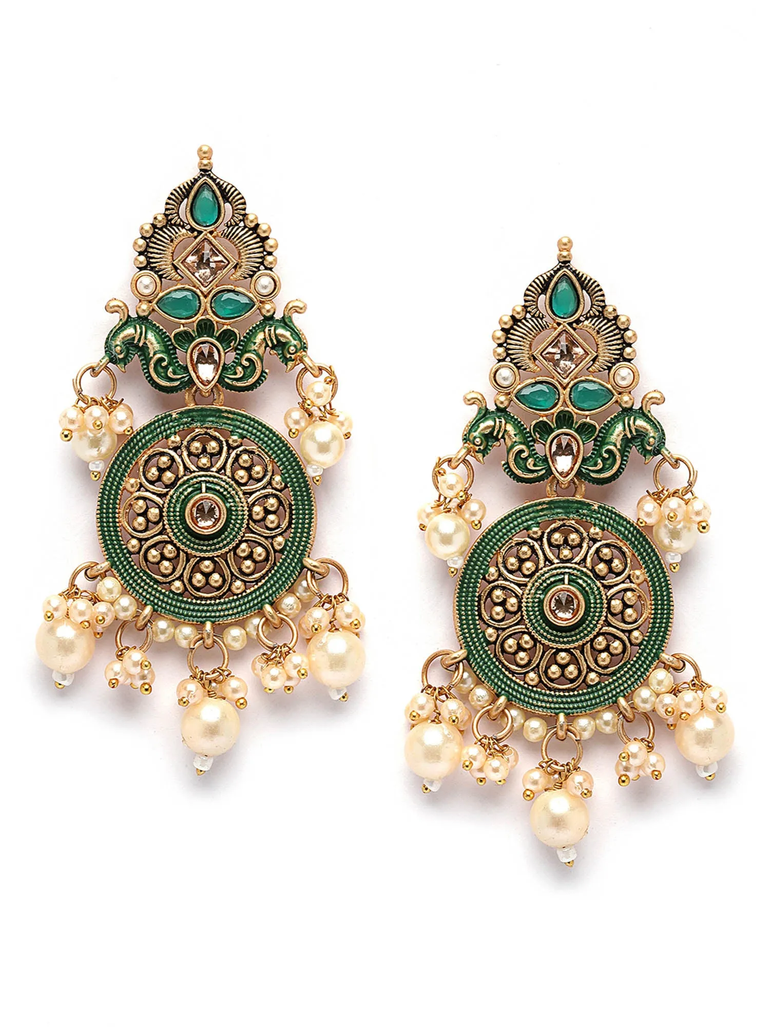 Karatcart Gold Plated Green Meena Kundan Dangler Earrings for Women