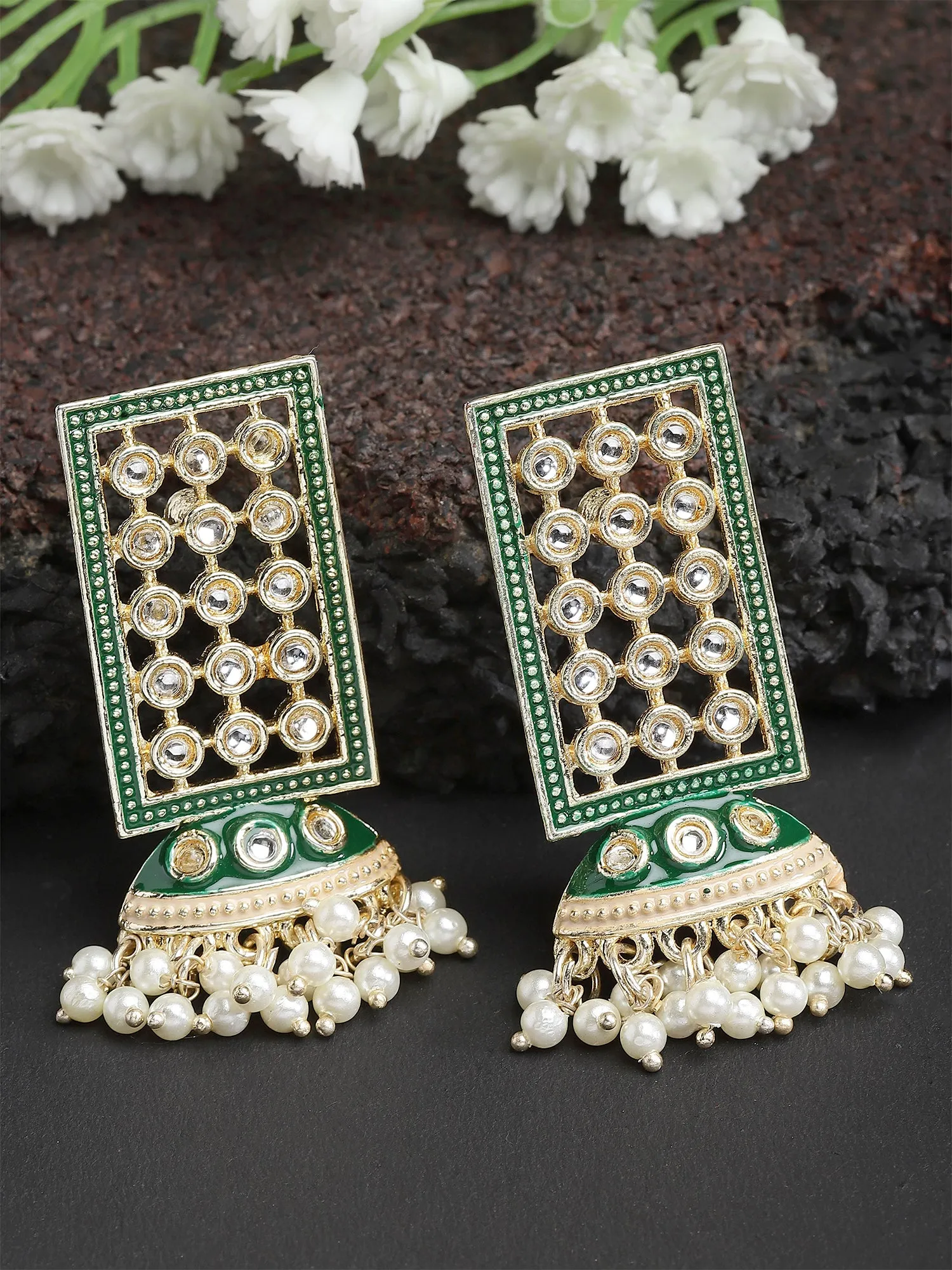 Karatcart Gold Plated Green Meena Kundan Earrings for Women