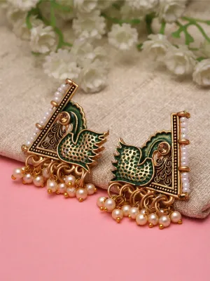 Karatcart Gold Plated Green Meena Peacock Design Stud Earrings for Women