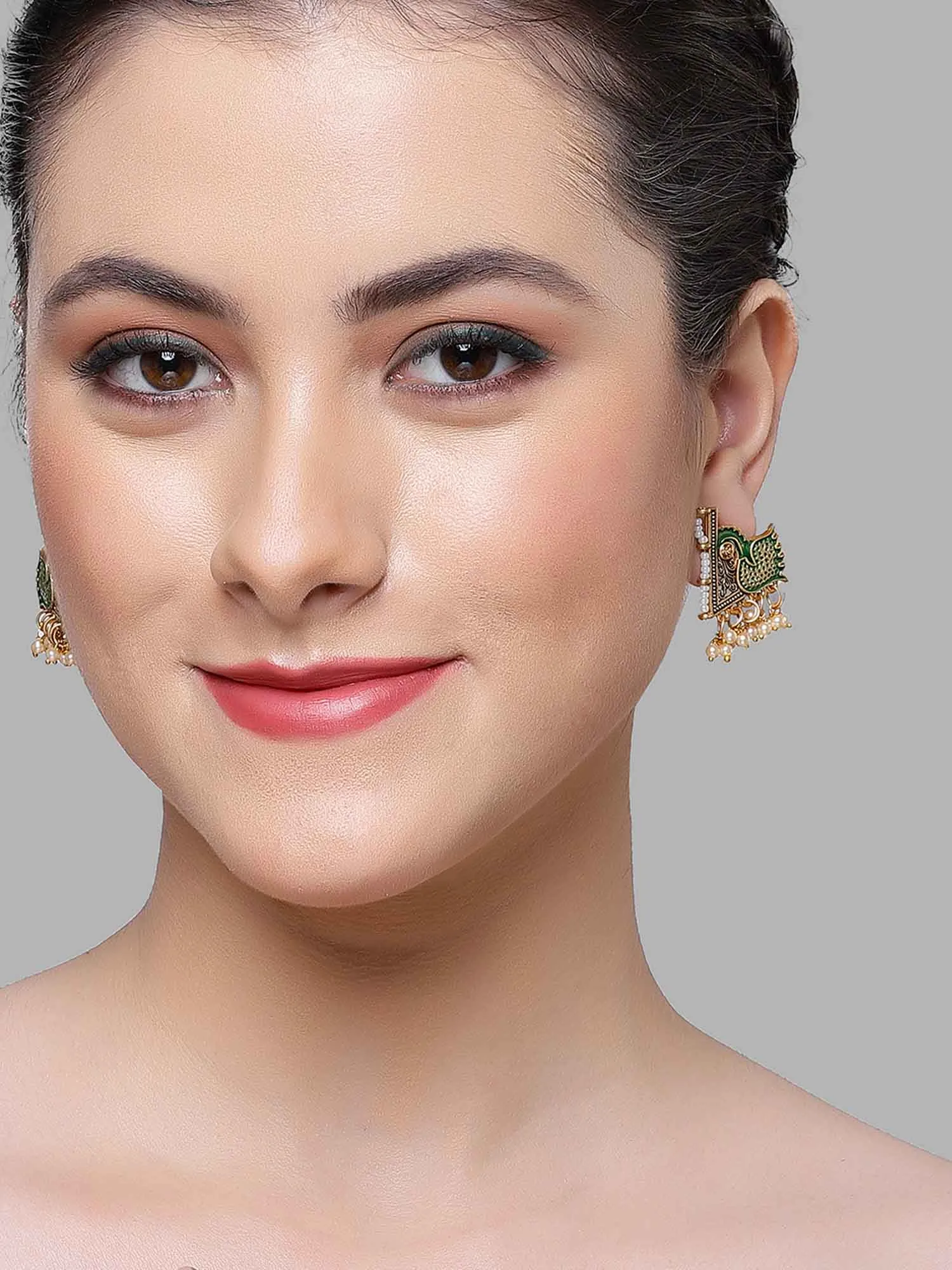 Karatcart Gold Plated Green Meena Peacock Design Stud Earrings for Women