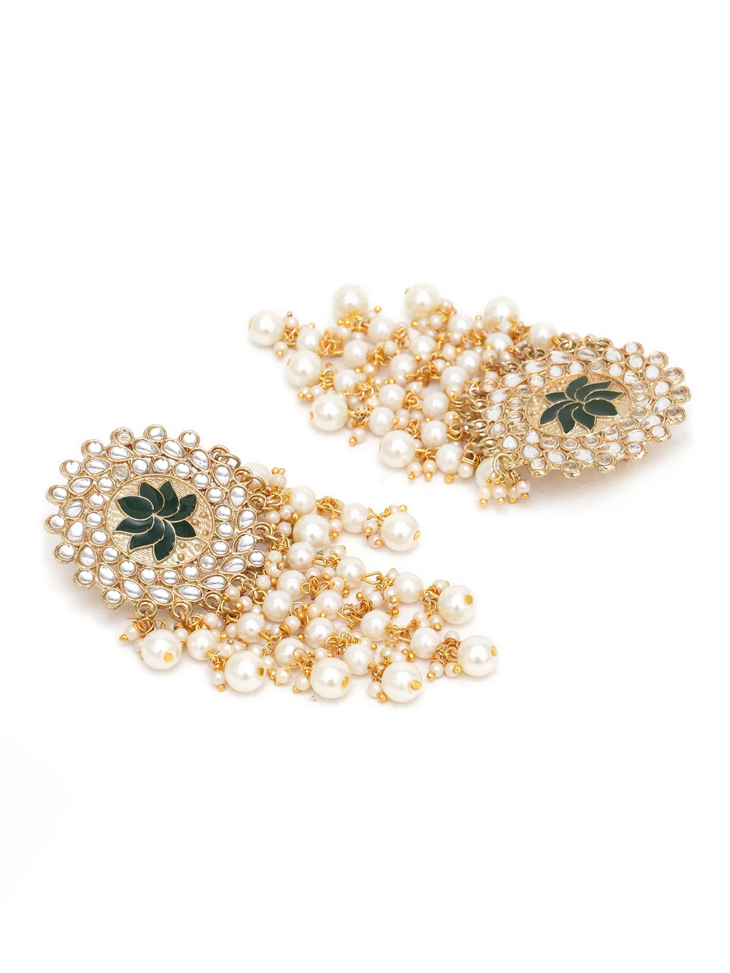 Karatcart Gold Plated Green Meena Pearl Beads Kundan Dangler Earrings for Women