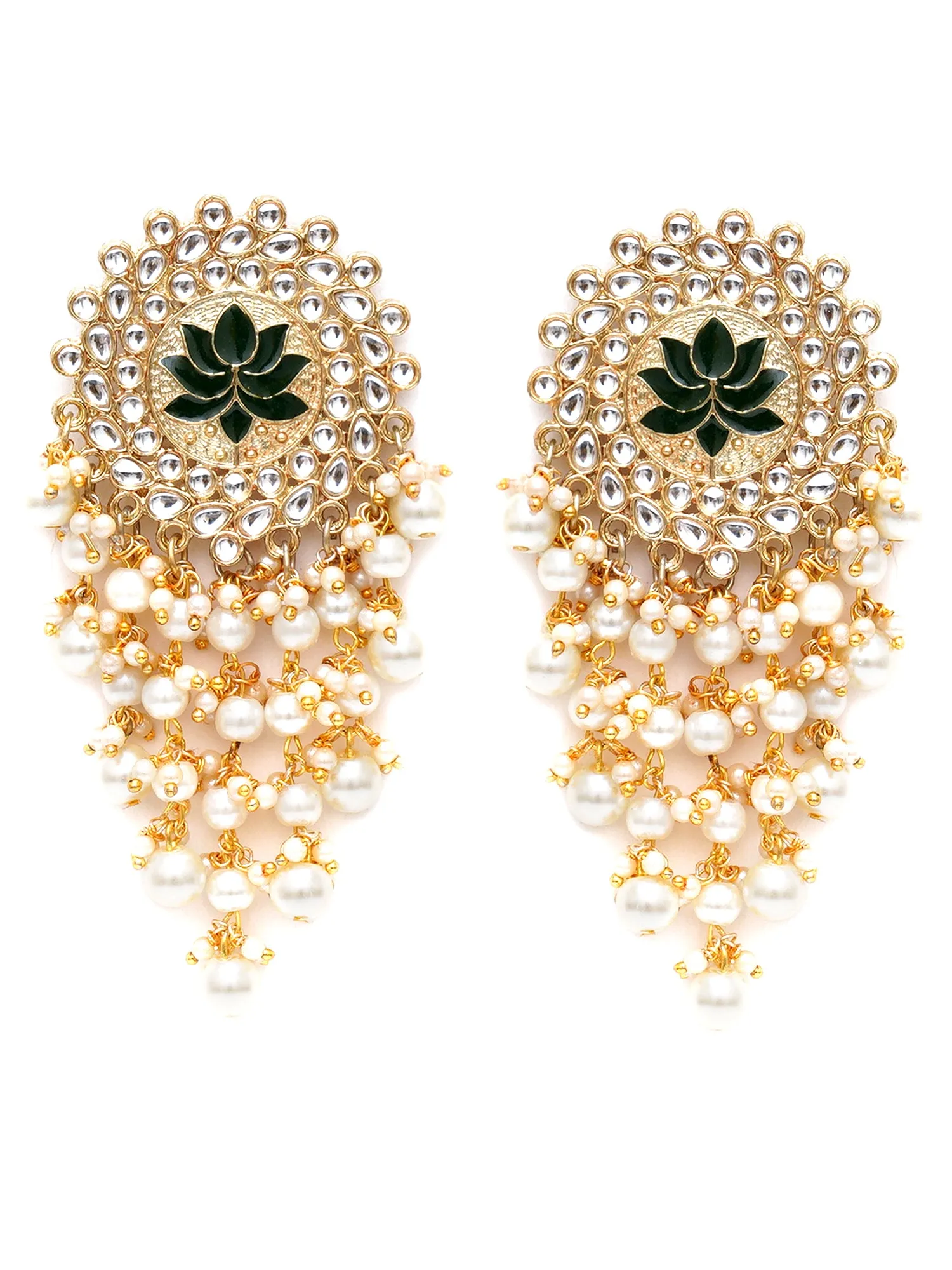 Karatcart Gold Plated Green Meena Pearl Beads Kundan Dangler Earrings for Women