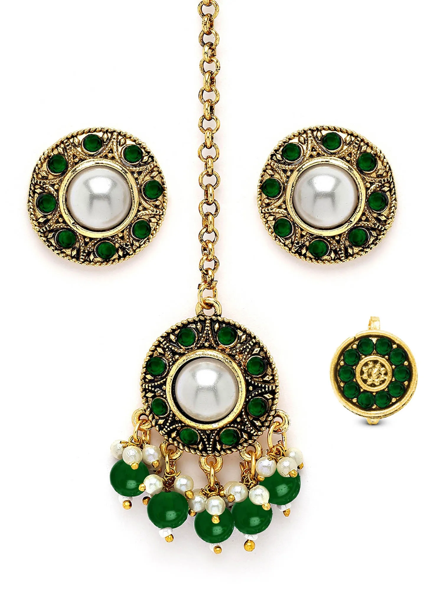 Karatcart Gold Plated Green Stone and Beads Studded Earrings with Maangtikka and Nath Combo