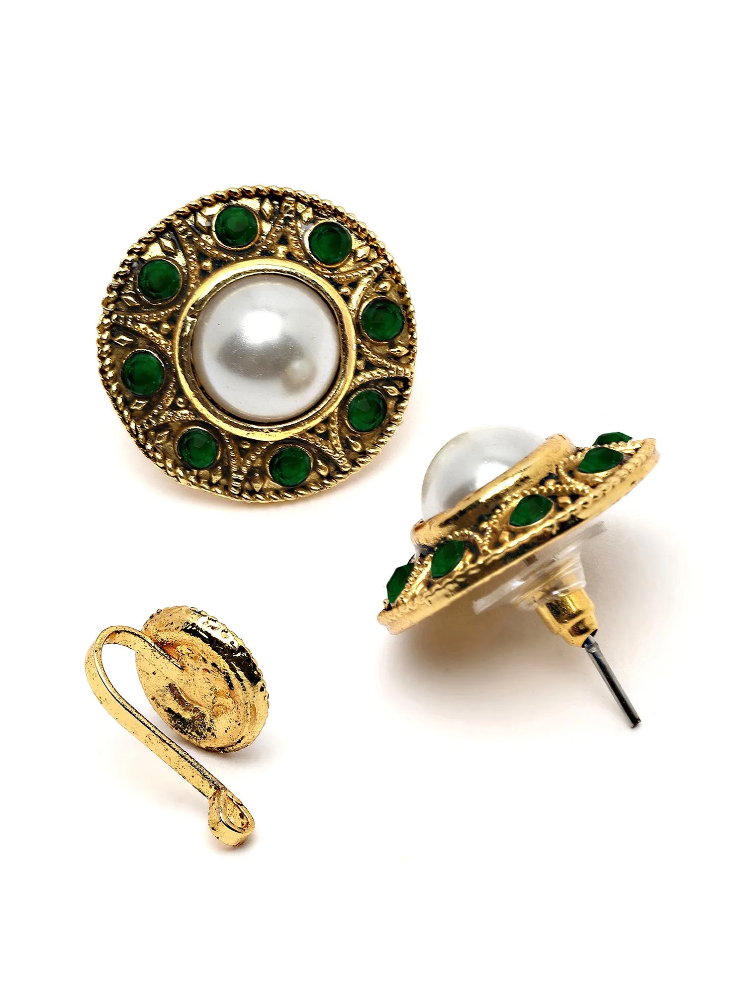 Karatcart Gold Plated Green Stone and Beads Studded Earrings with Maangtikka and Nath Combo
