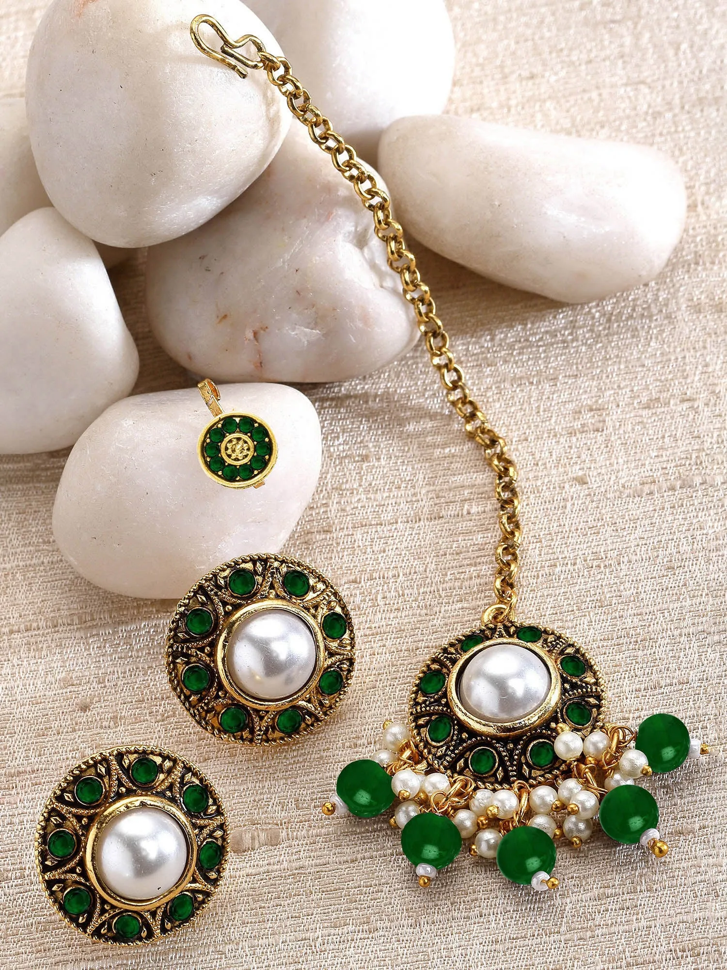 Karatcart Gold Plated Green Stone and Beads Studded Earrings with Maangtikka and Nath Combo