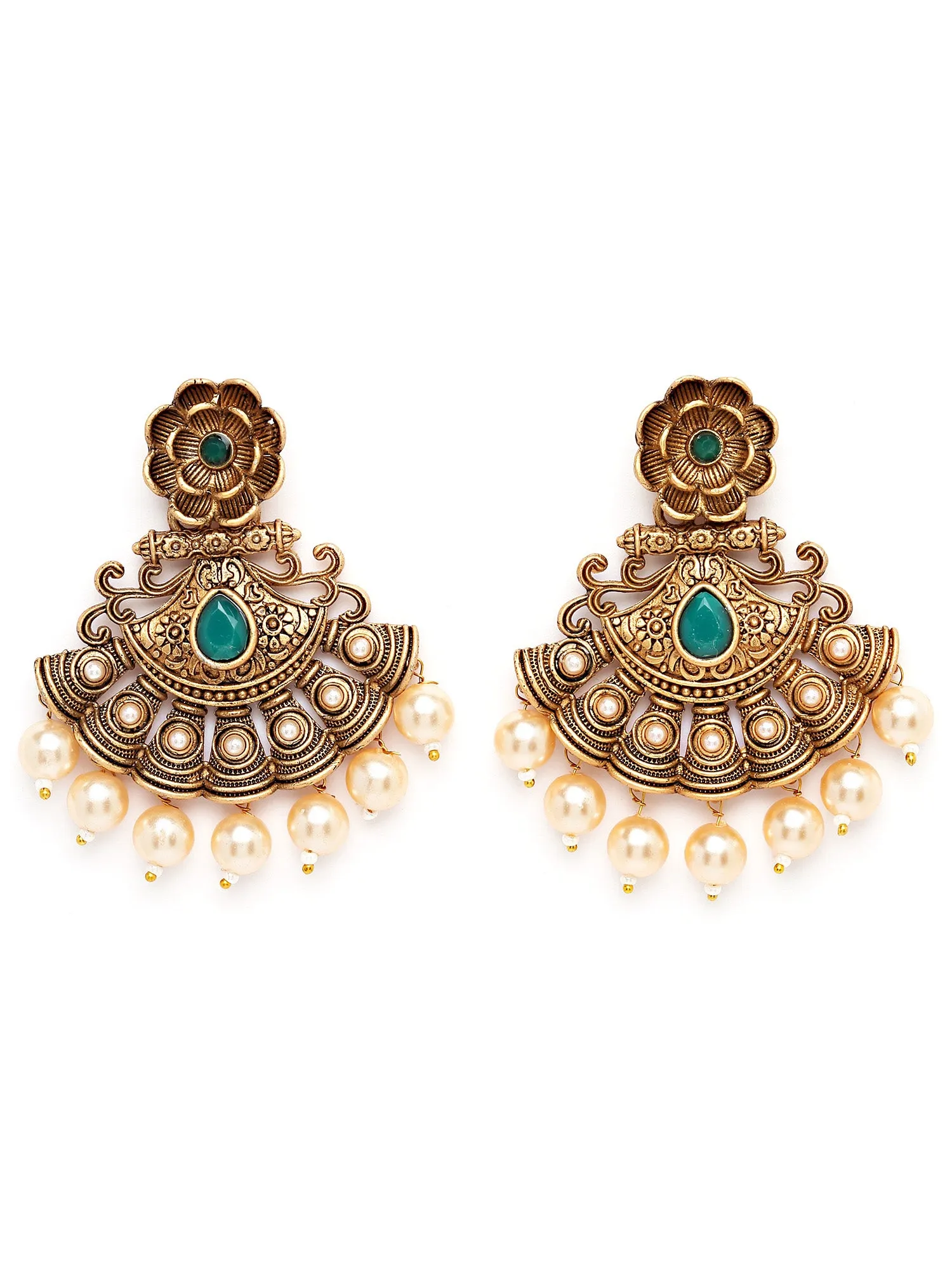 Karatcart Gold Plated Green Stone and Pearl Studded Dangler Earrings for Women
