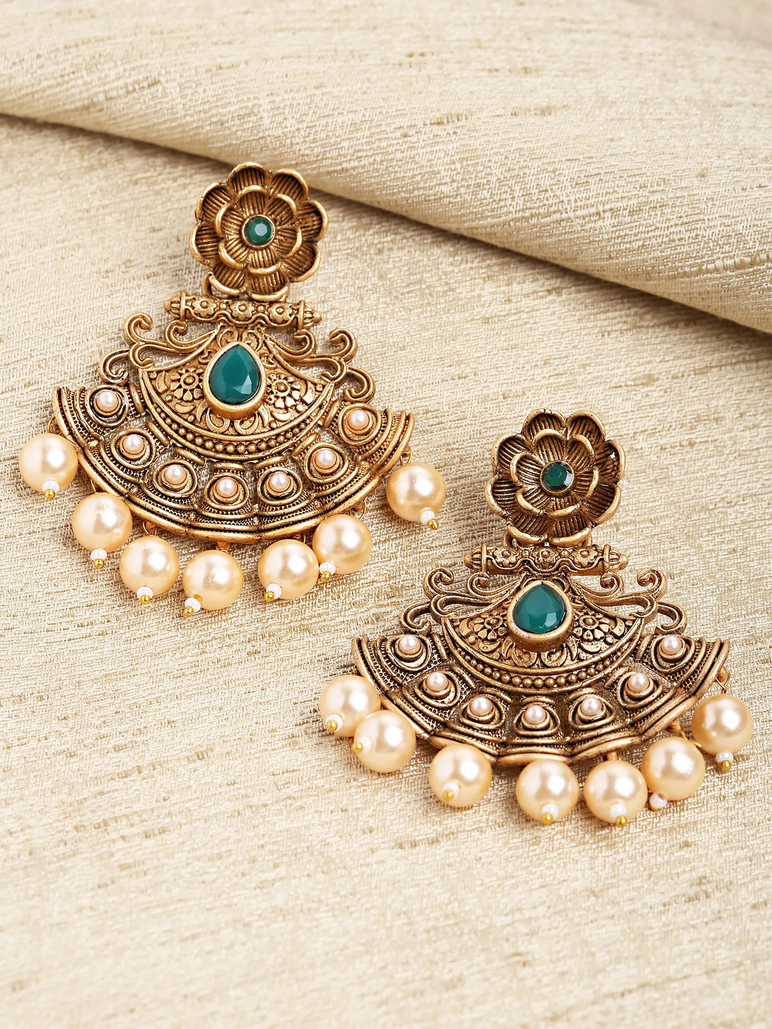 Karatcart Gold Plated Green Stone and Pearl Studded Dangler Earrings for Women