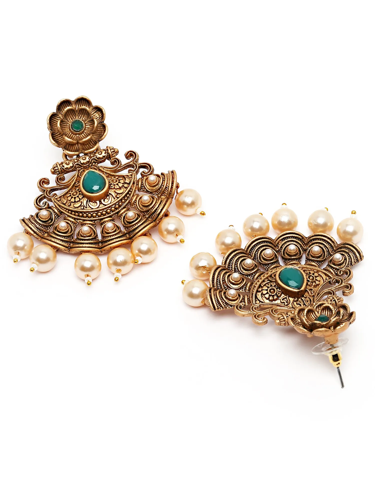 Karatcart Gold Plated Green Stone and Pearl Studded Dangler Earrings for Women