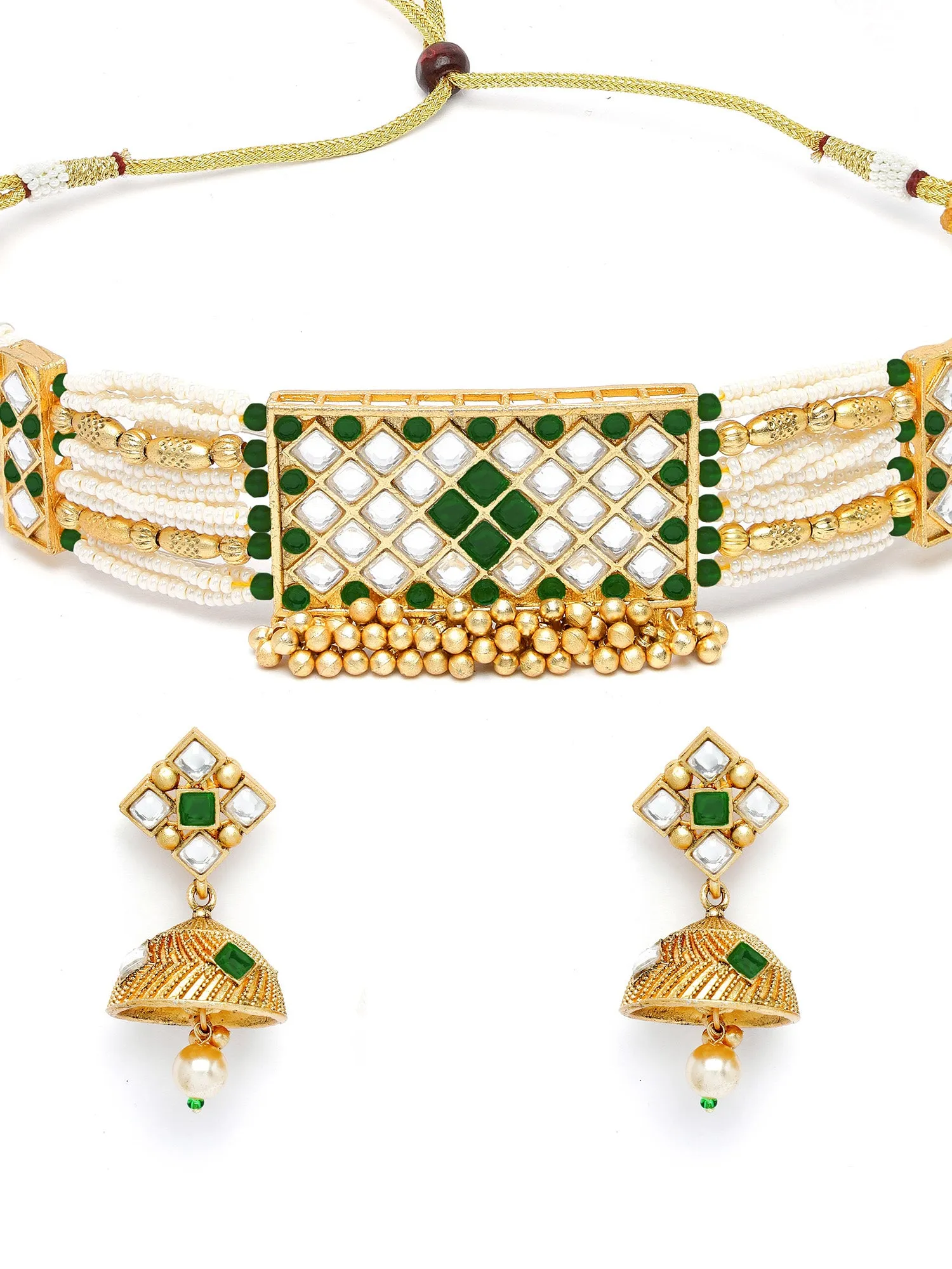 Karatcart Gold Plated Green Stone Choker Necklace Set for Women