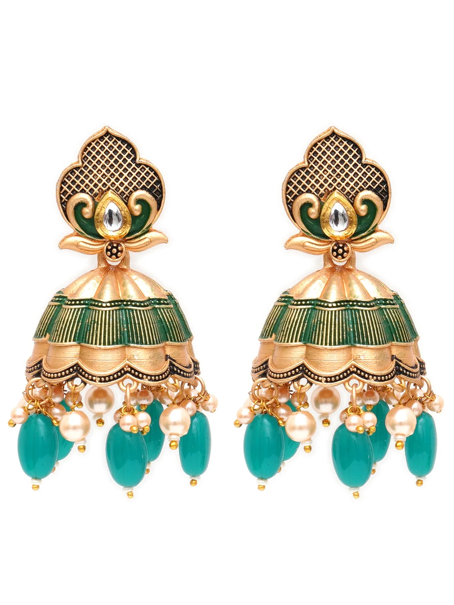 Karatcart Gold Plated Green Tumble and Golden Pearl Studded Jhumki Earrings for Women