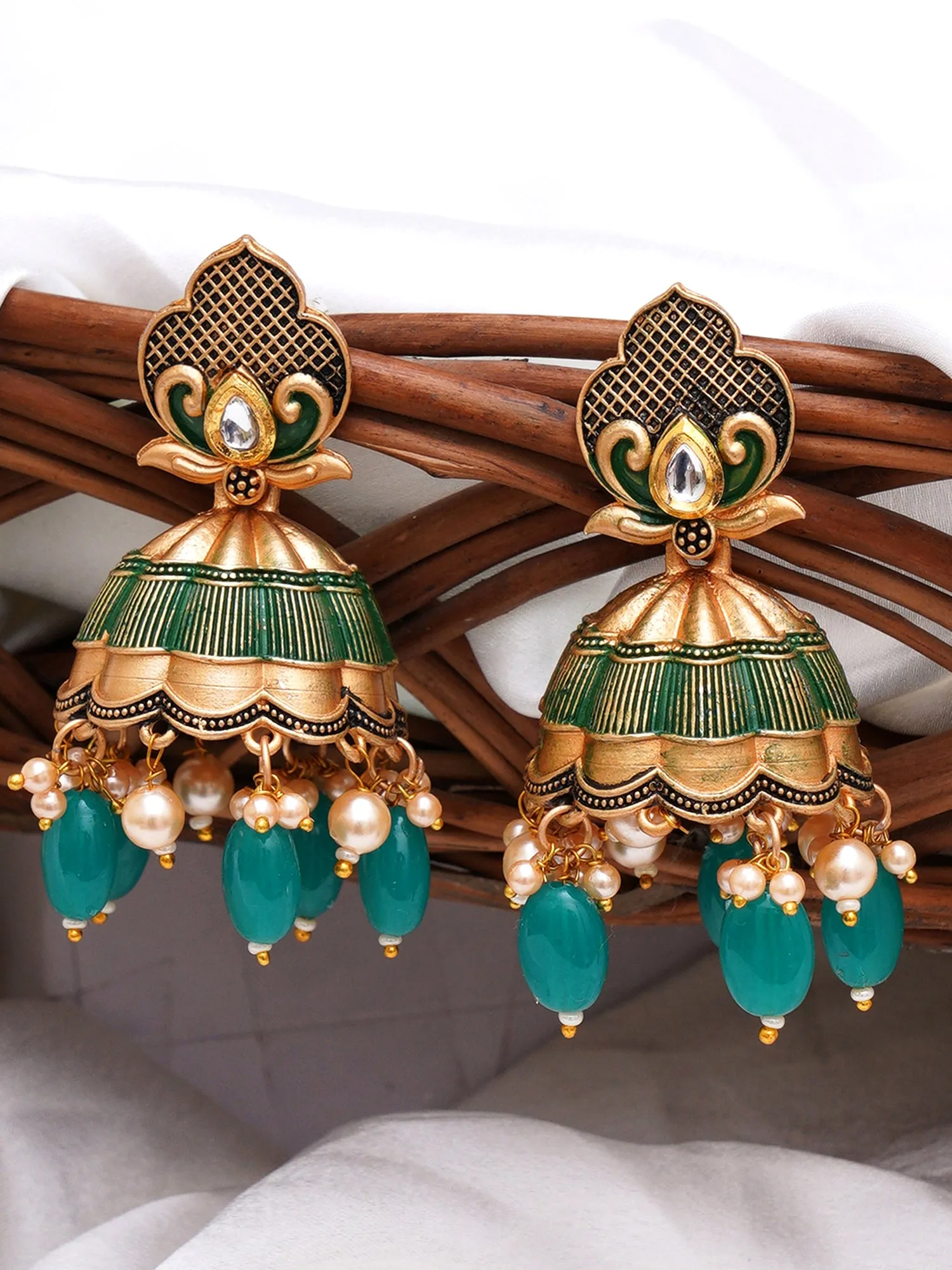 Karatcart Gold Plated Green Tumble and Golden Pearl Studded Jhumki Earrings for Women