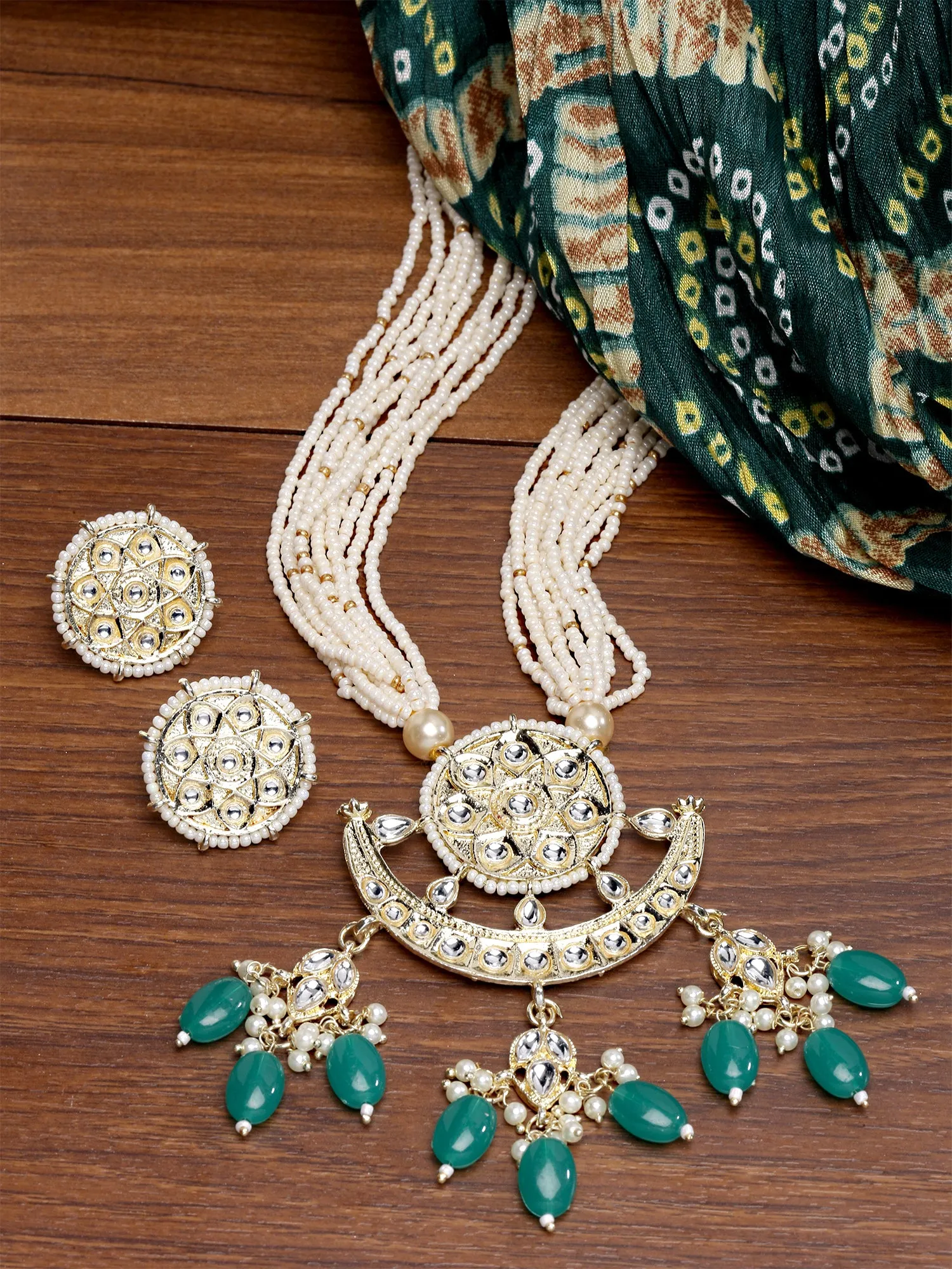 Karatcart Gold Plated Green Tumble And Kundan Studded Long Rani Haar Necklace Set - Womens