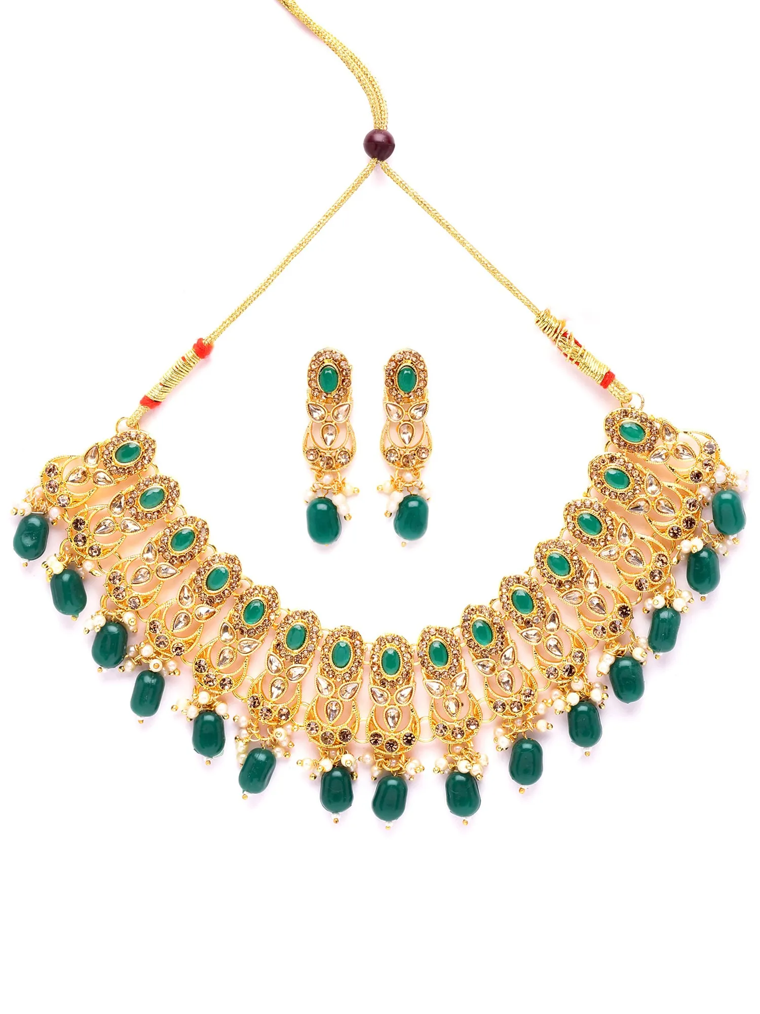 Karatcart Gold Plated Green Tumble and Kundan Studded Necklace Set