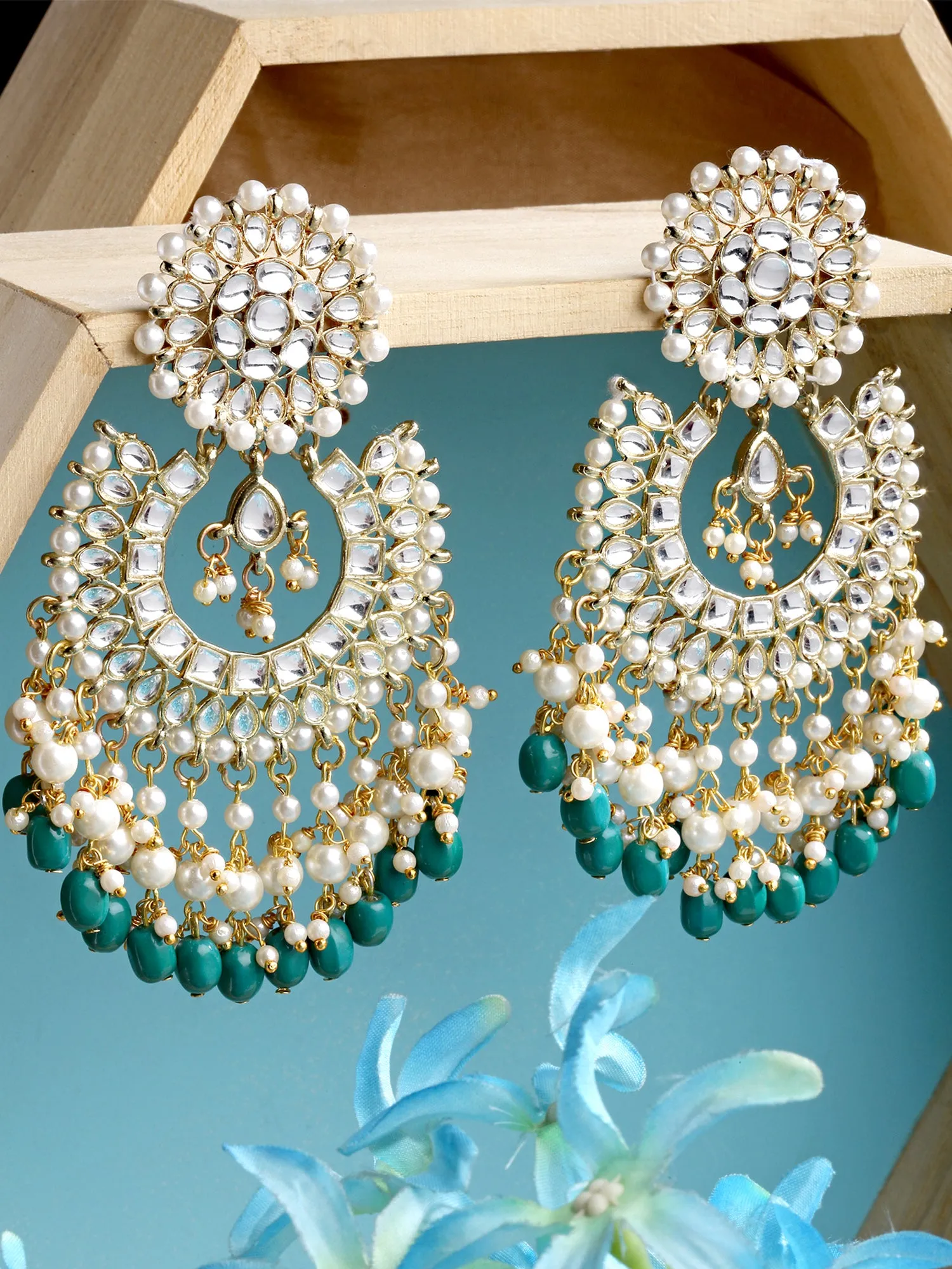 Karatcart Gold Plated Green Tumble and Pearl Studded Kundan Dangler Earrings for Women