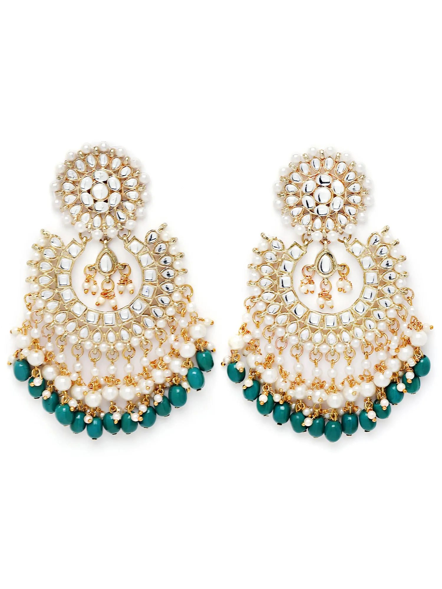 Karatcart Gold Plated Green Tumble and Pearl Studded Kundan Dangler Earrings for Women