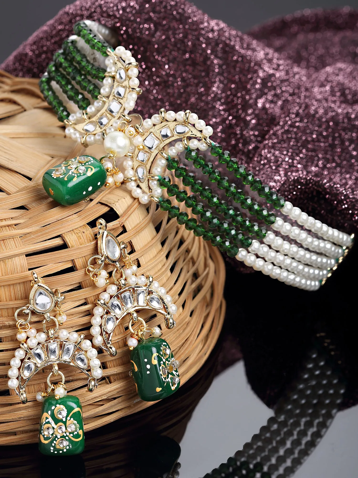 Karatcart Gold Plated Green Tumble Beaded Choker Necklace Set for Women
