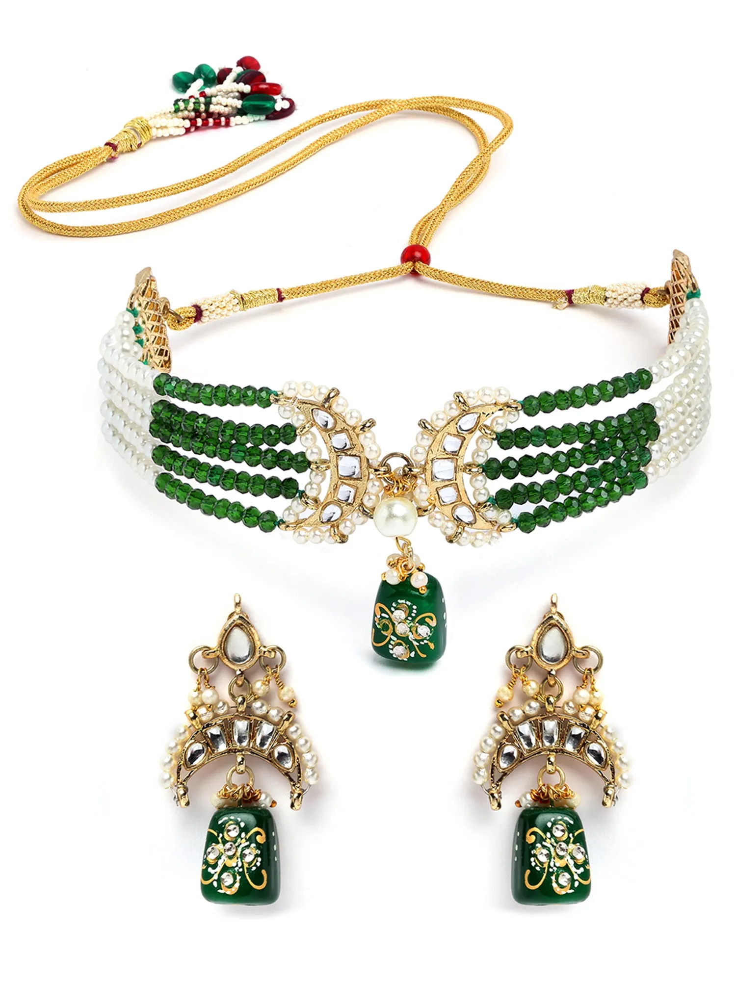 Karatcart Gold Plated Green Tumble Beaded Choker Necklace Set for Women