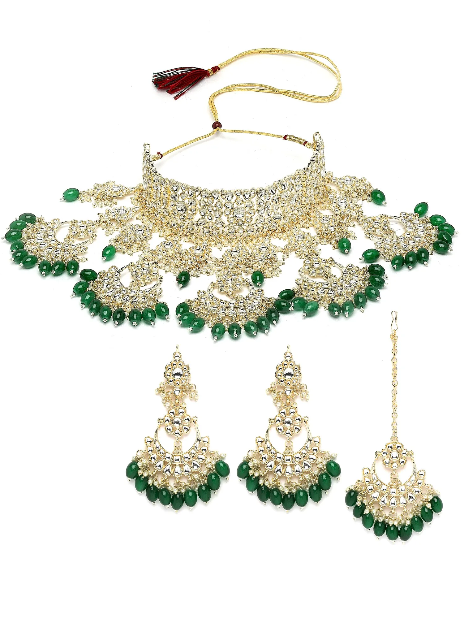 Karatcart Gold Plated Green Tumble Studded Kundan Bridal Necklace Set for Women