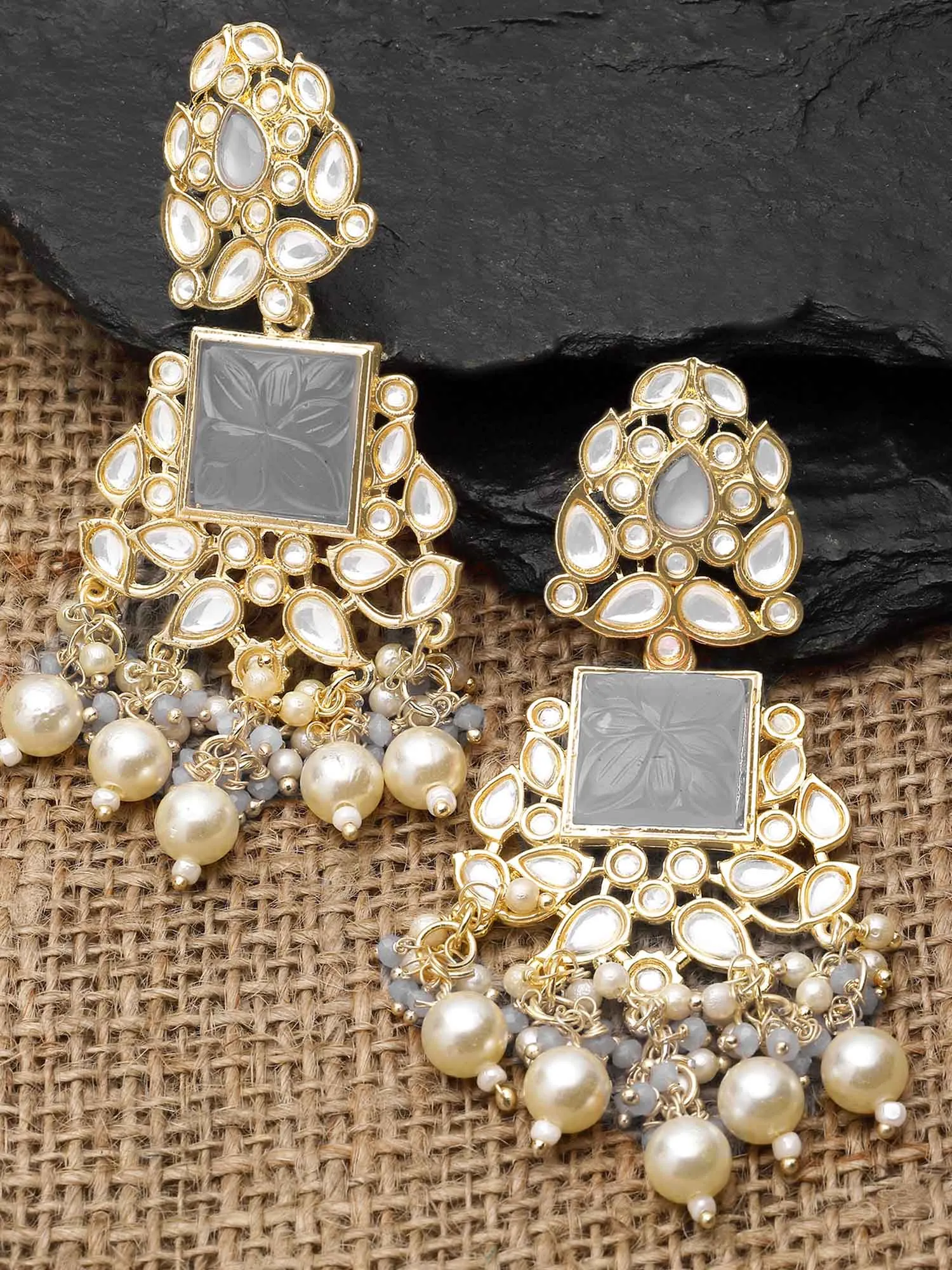 Karatcart Gold Plated Grey Carved Stone Kundan Drop Earrings for Women