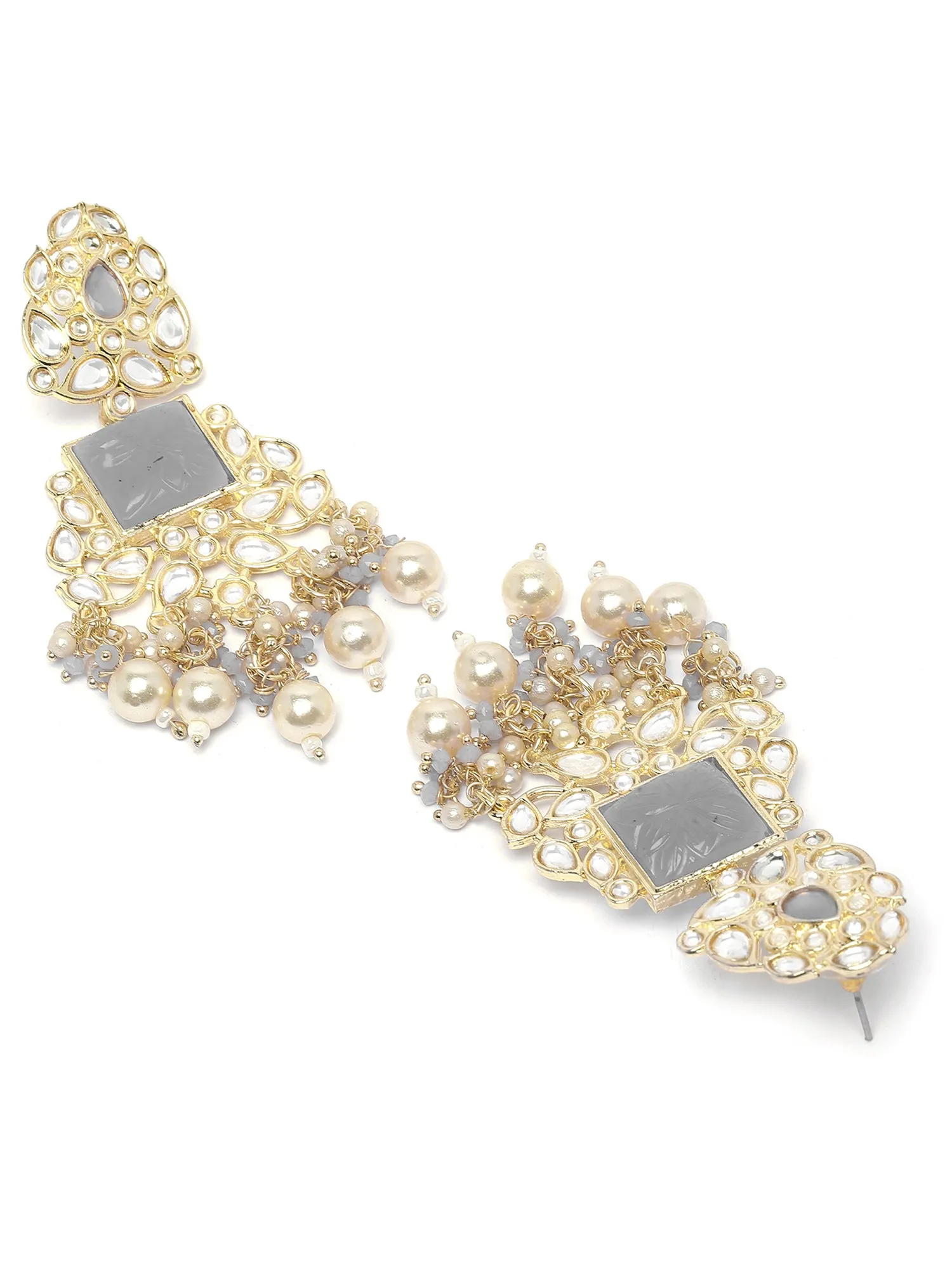 Karatcart Gold Plated Grey Carved Stone Kundan Drop Earrings for Women