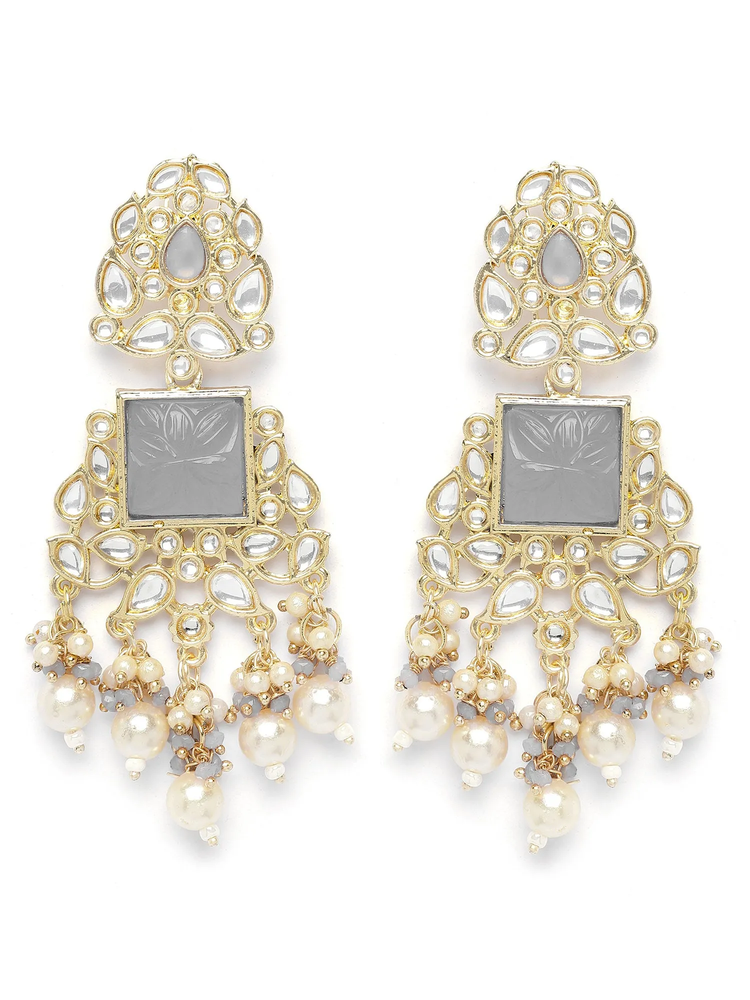 Karatcart Gold Plated Grey Carved Stone Kundan Drop Earrings for Women