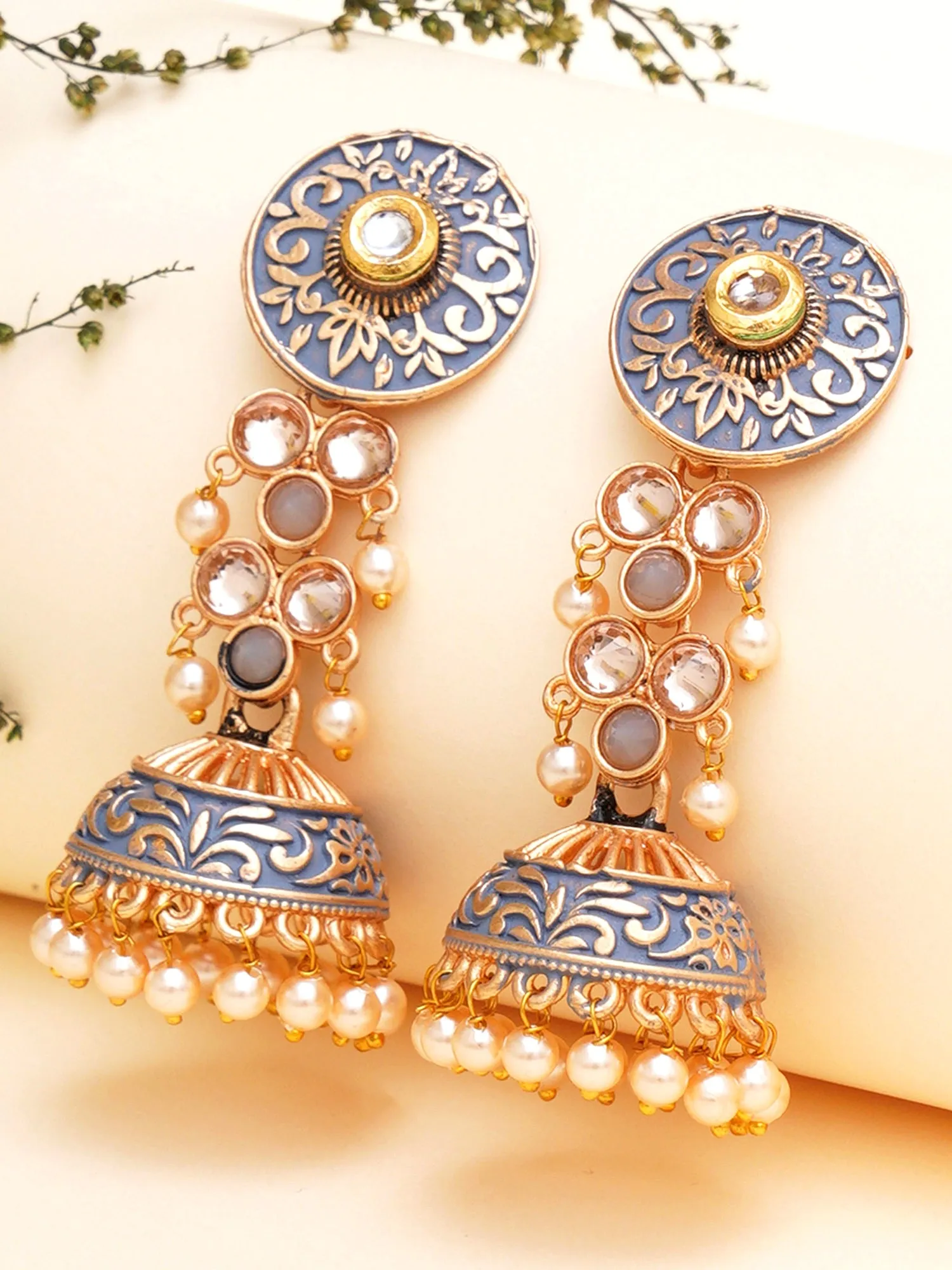 Karatcart Gold Plated Grey Meena and Pearl Studded Jhumki Earrings for Women