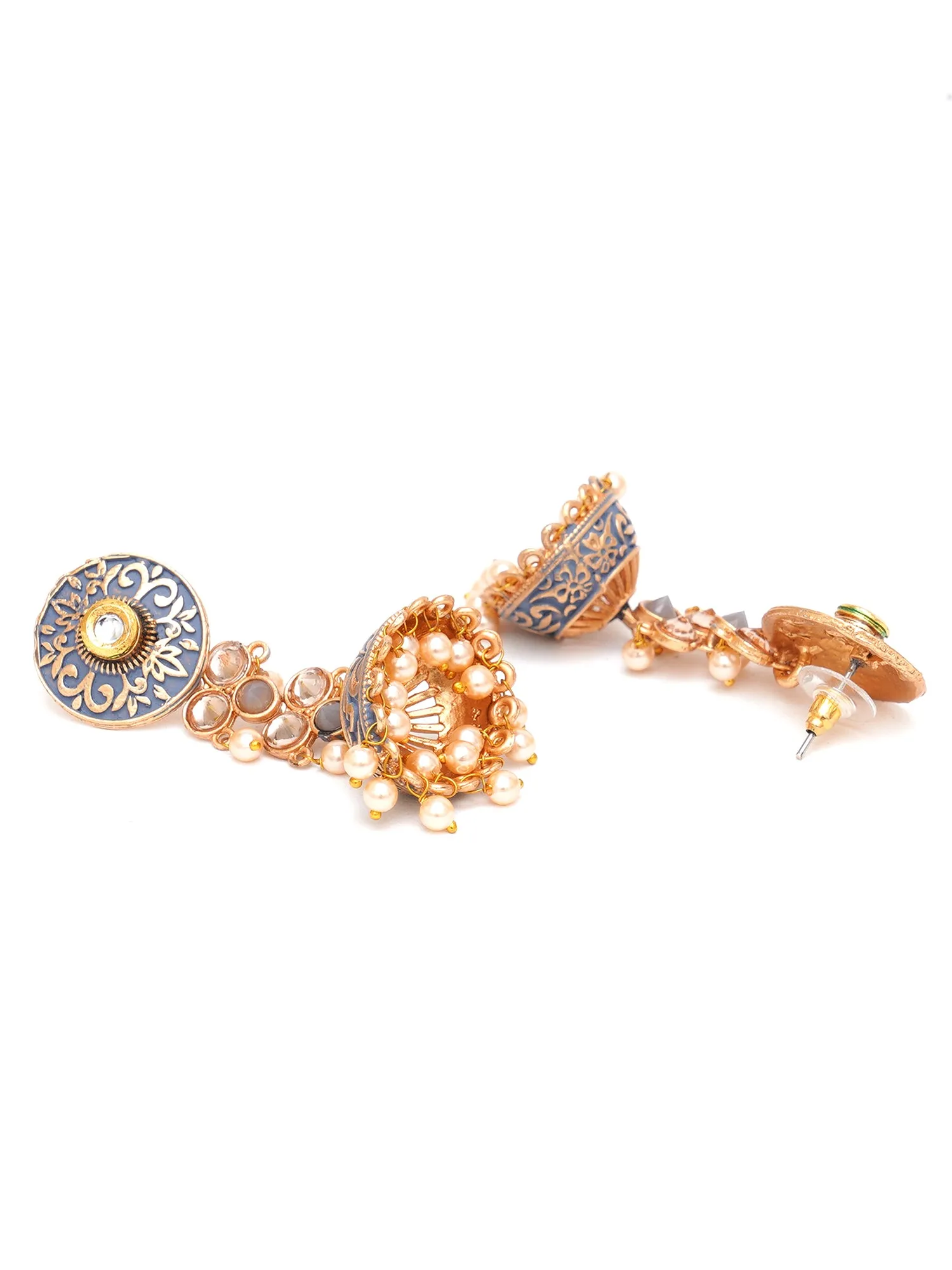 Karatcart Gold Plated Grey Meena and Pearl Studded Jhumki Earrings for Women