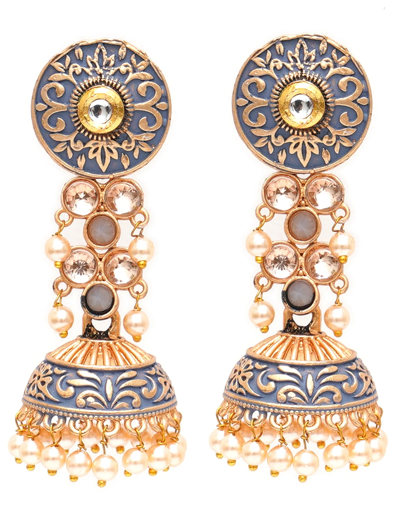 Karatcart Gold Plated Grey Meena and Pearl Studded Jhumki Earrings for Women