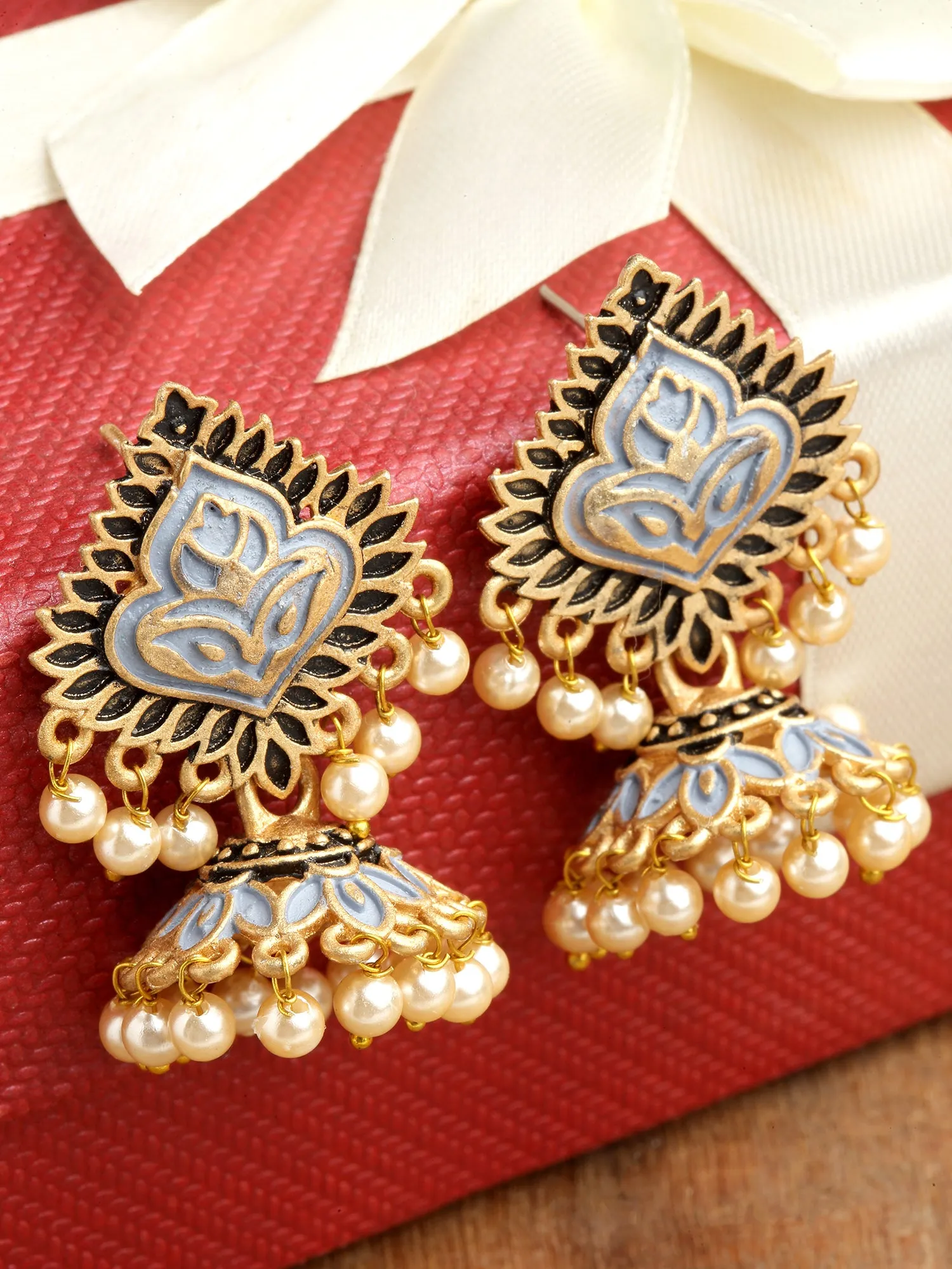 Karatcart Gold Plated Grey Meena Jhumki Earrings for Women