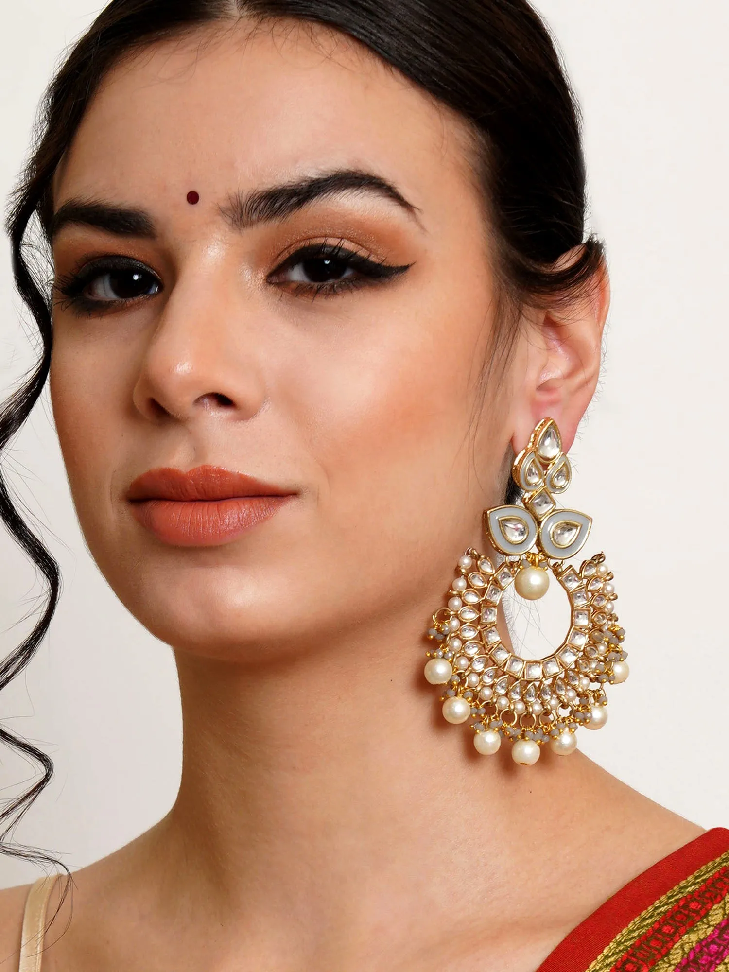 Karatcart Gold Plated Grey Meena Kundan Chandbali Earrings for Women
