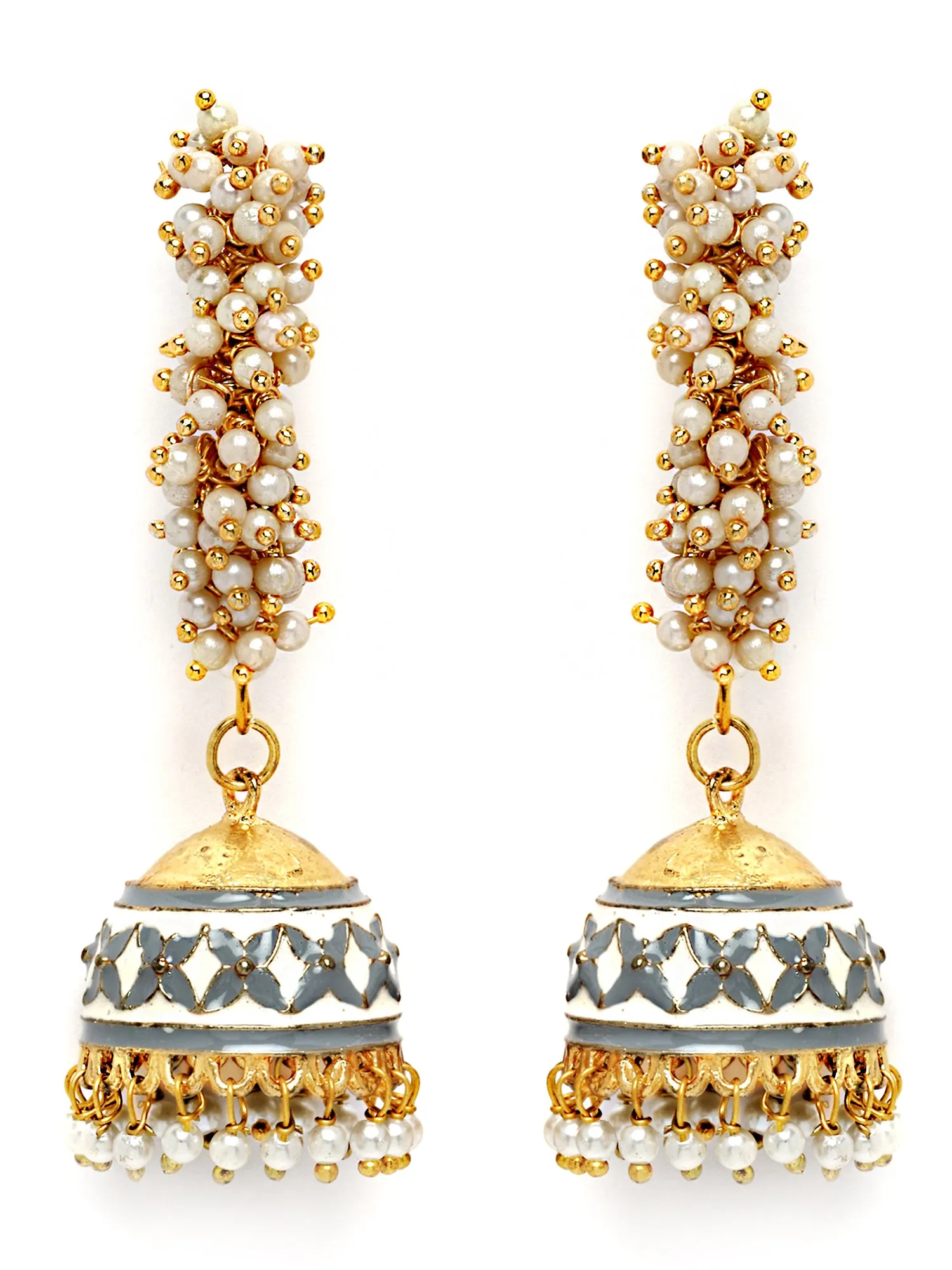 Karatcart Gold Plated Grey Meena Pearl Studded Kundan Jhumki Earrings for Women